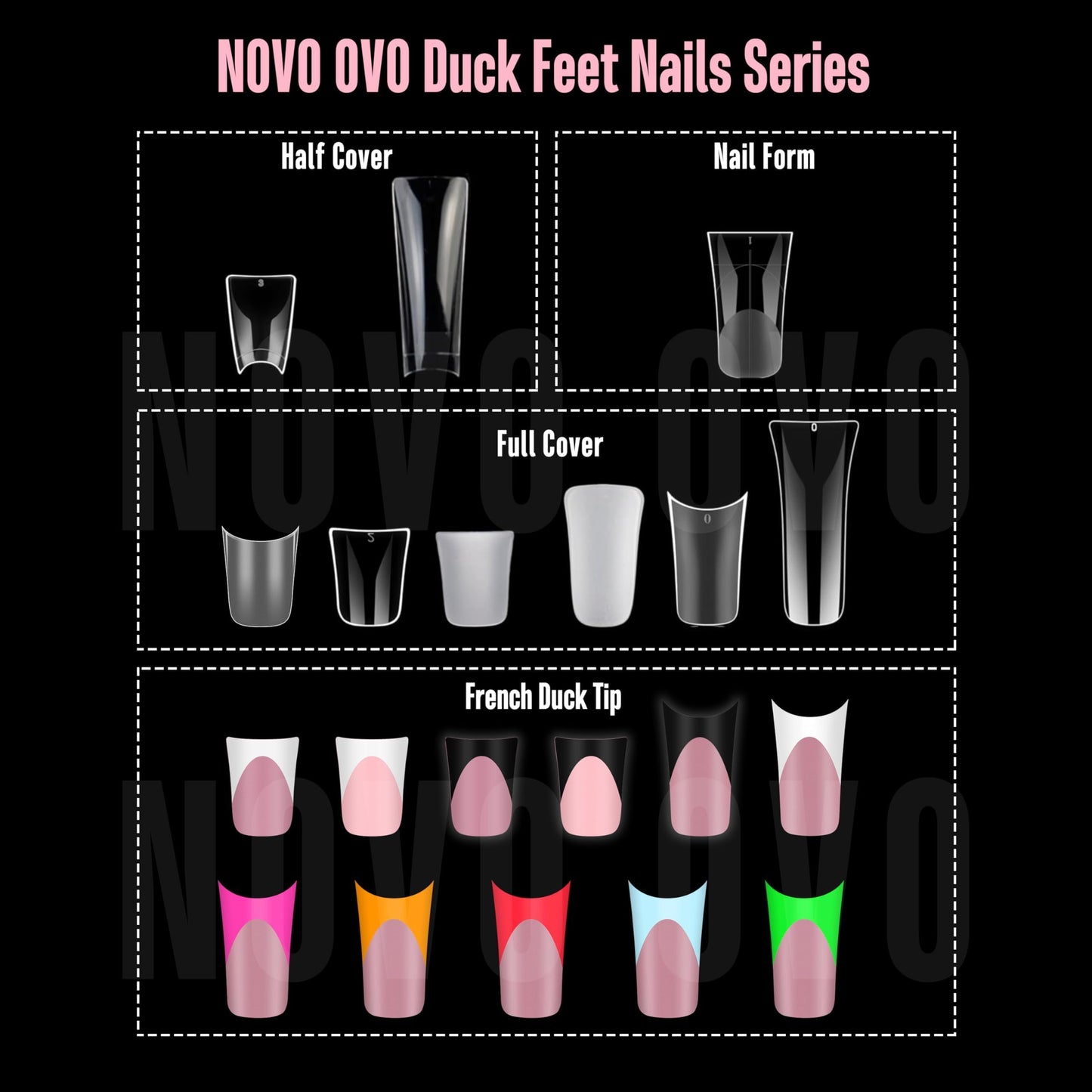 NOVO OVO Halloween Extra Thick Short Duck Feet Nail Tips with Moon Curve Full Cover Press on Acrylic, Clear Pre-Etched Matte Flare Wide French Soft Gel Fake False Nail Extension x 15 Sizes 510 pcs