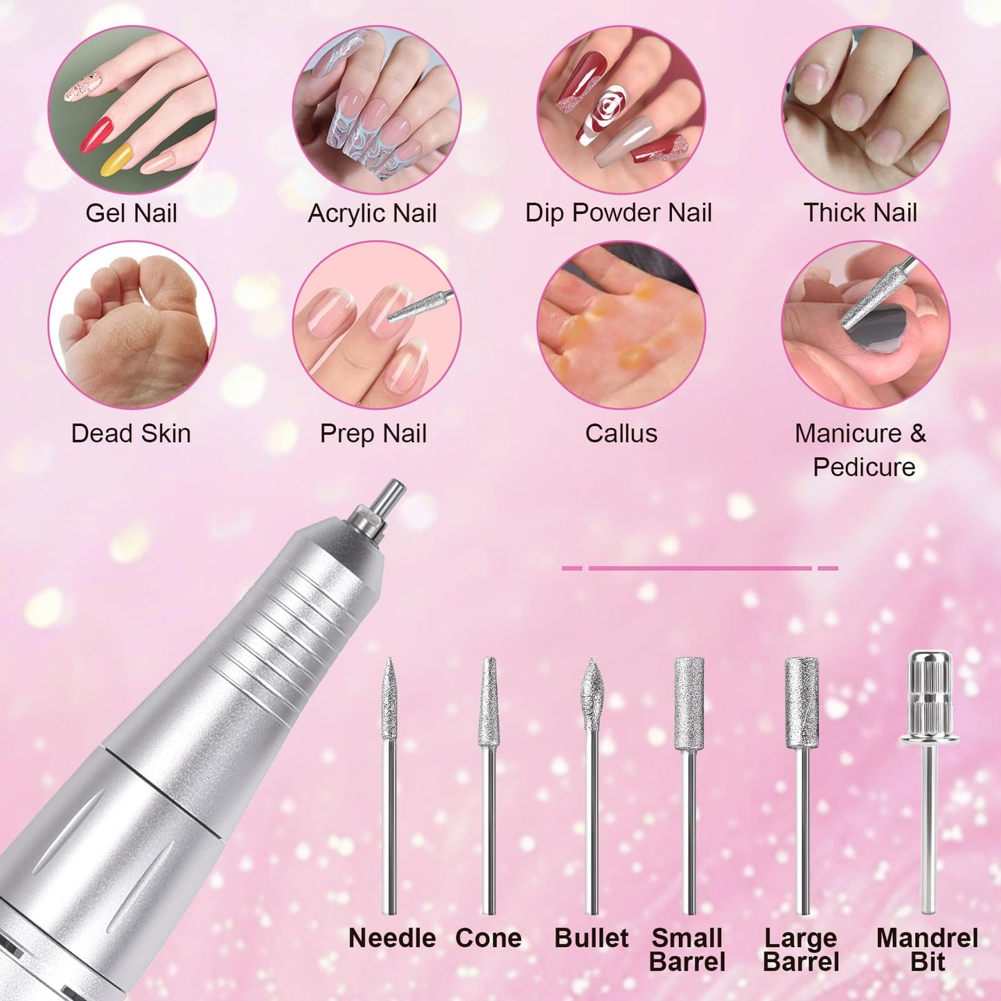 siyuwuro Electric Nail Drill Machine 45000RPM Professional Cordless Rechargeable Portable Nail File Removing Polishing Acrylic Gel Nails with 6 Drill Bits & Sanding Bands, for Nail Salon Home, White
