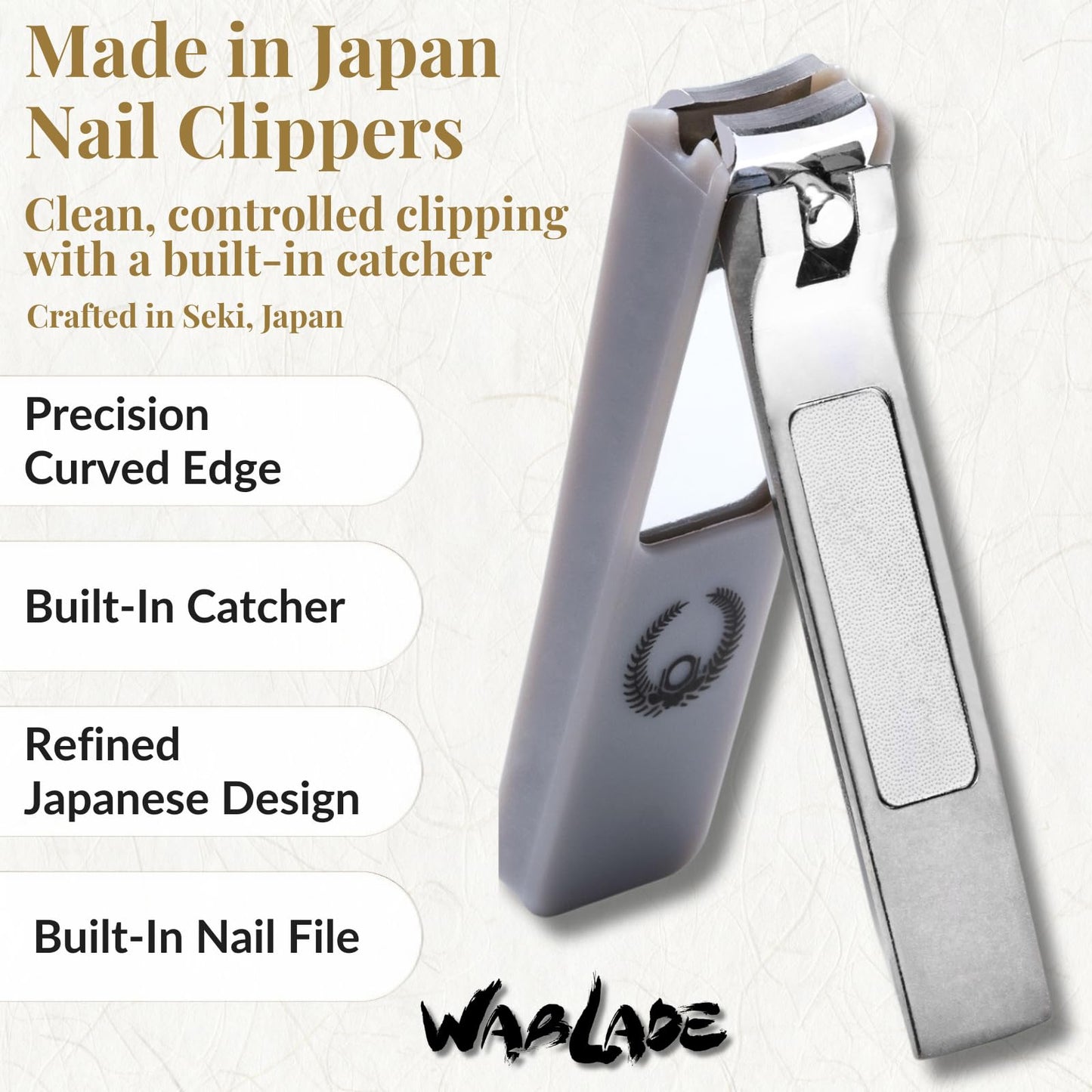 Wablade Japanese Nail Clippers, 2.8 Inch, Made in Seki Japan, Curved Carbon Steel Blade, Built-in Catcher & Nail File, Clean Controlled Trimming for Fingernails & Toenails (Toyotomi Hideyoshi)