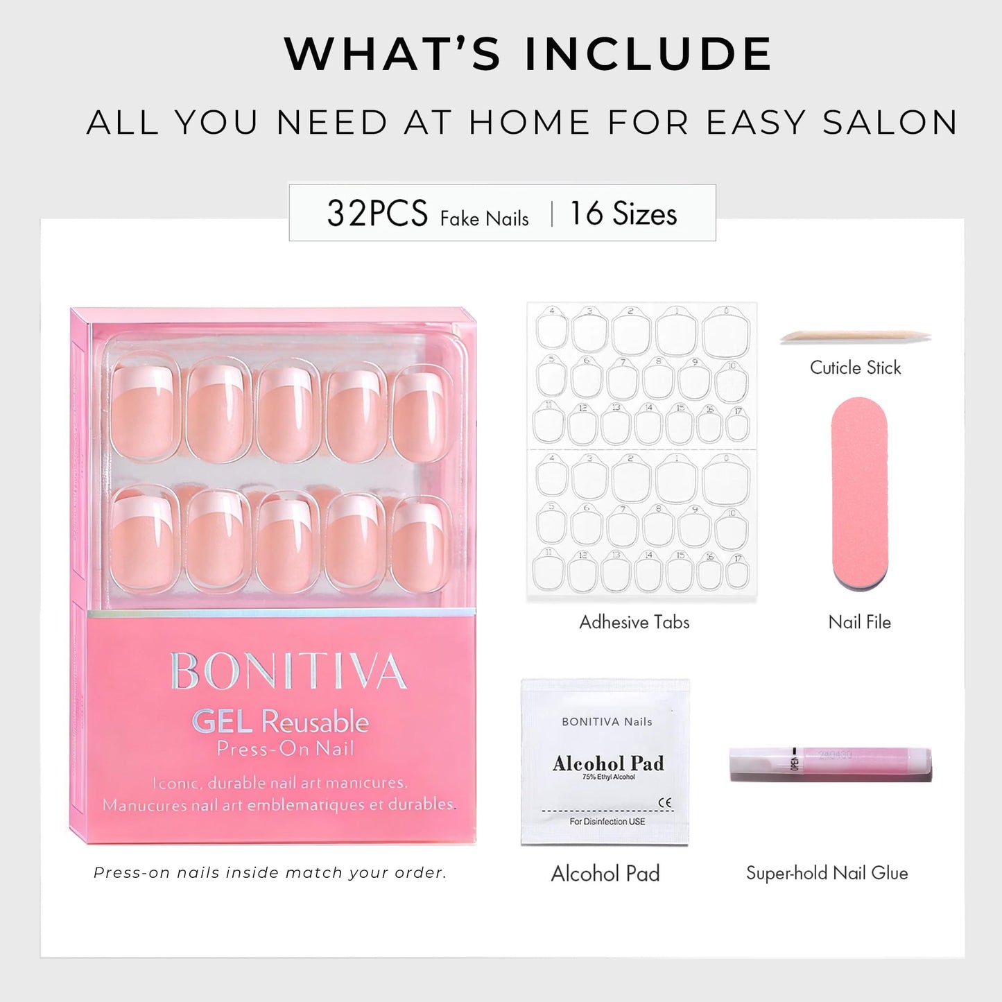Bonitiva Short Square Press On Nails, Glossy French Tip Soft Gel Reusable, 32PCS 16 Sizes, Salon Quality Long Lasting Fake Nails with Nail Glue & File Kit for Women Girls, Daily Wear