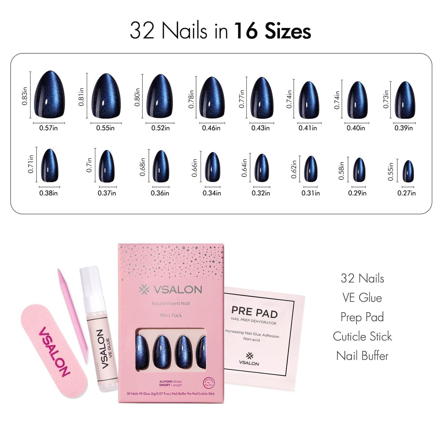 VSALON Almond Short Press On Nails, Milky White Sheer Jelly Finish Nail Kit & Blue Cat Eye Mini Pack