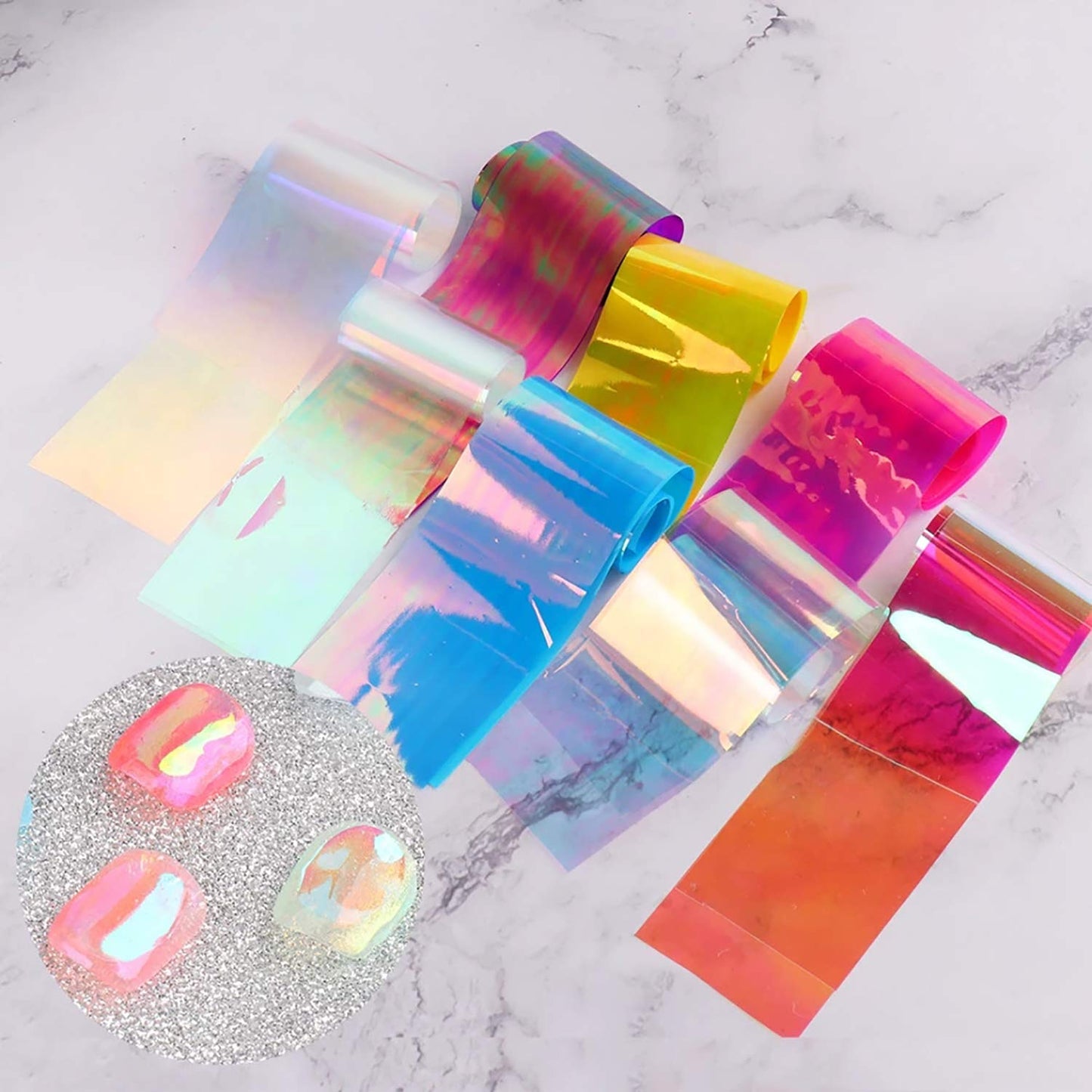 Holographic Nail Foil, 20 Rolls Iridescent Cellophane Nail Stickers Glass Paper Aurora Nail Foil Stickers Nail Decals Nail Accessories Nail Art Supplies (Don't Transfer)