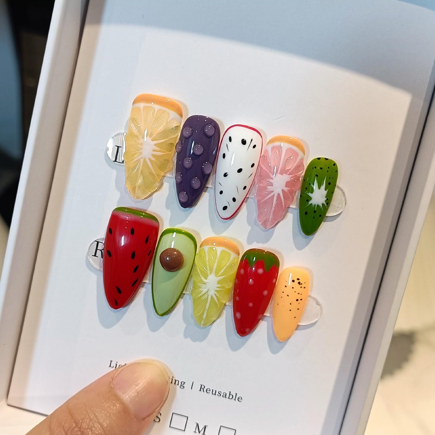 TENPAL Summer Fruit Press on Nails - Vibrant Almond Shaped Fake Nails with Kiwi, Watermelon & Avocado Designs | Reusable Colorful Nail Art for Women | Tropical Fruit Manicure Set (Medium Length,XS)