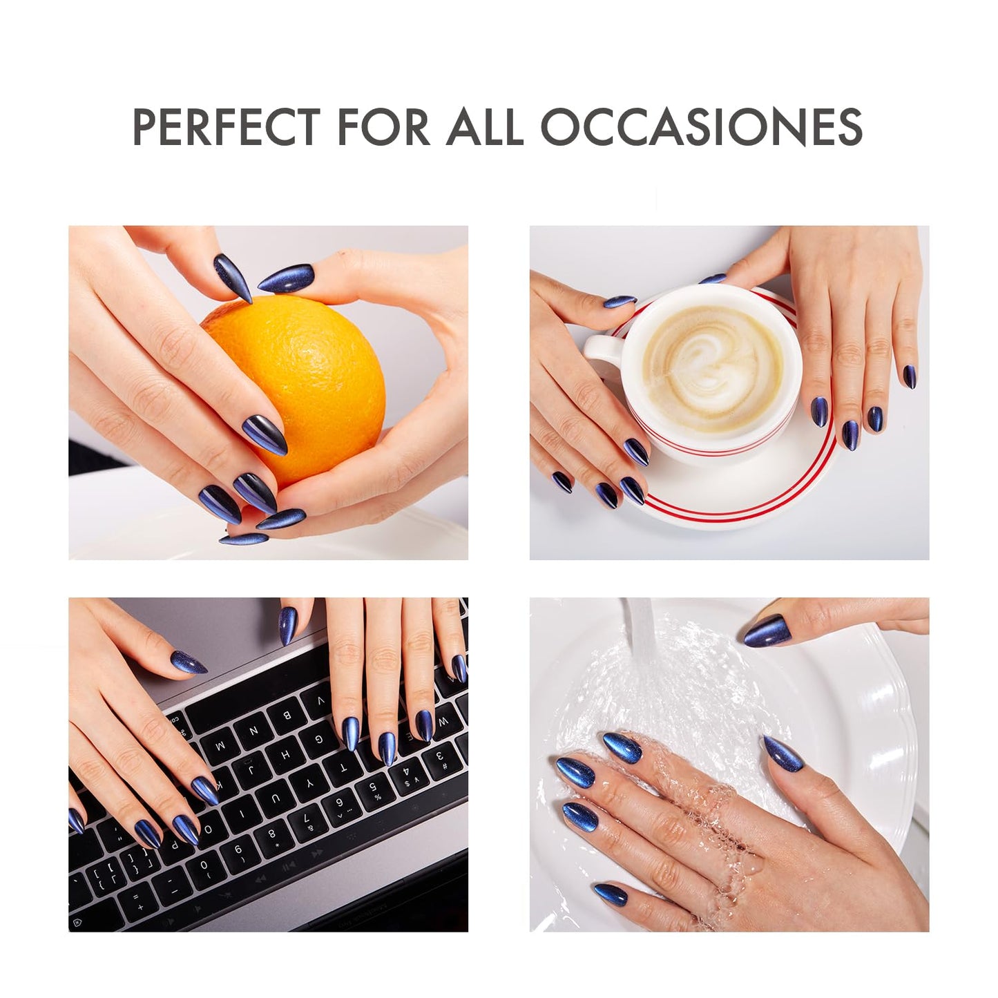 VSALON Cat Eye Press on Nails Short Almond- Deep Blue Cat Eye & Glitter Finish Cat Eye French Tip