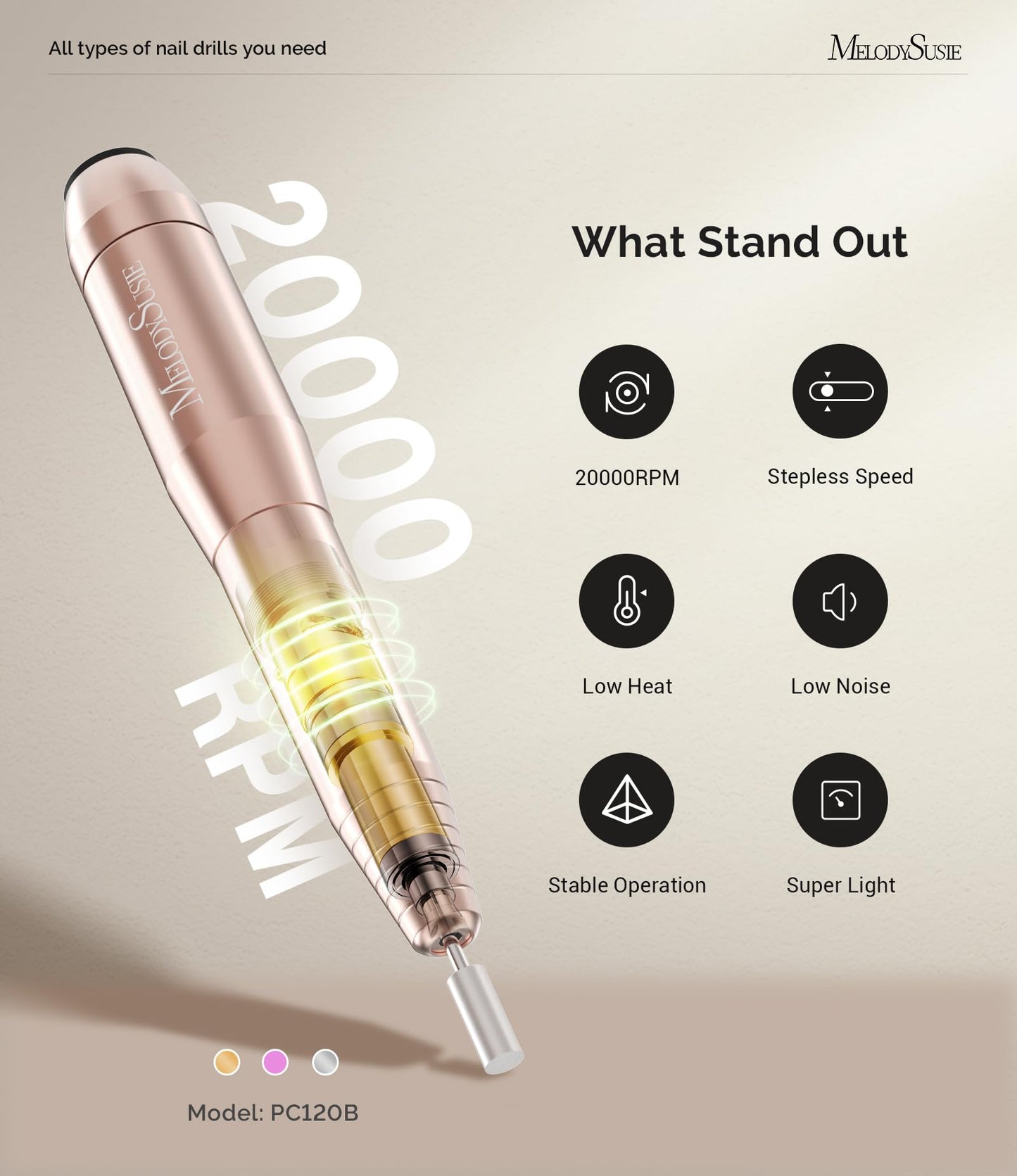 MelodySusie Pen-Shaped Portable Nail Drill with AC Adapter, PC120B 20000RPM Electric File with Compact Design for All Nail Care, Manicure Polishing, Shaping & Gel Removal at Home for Beginners