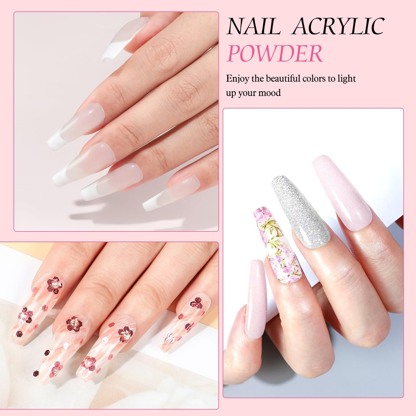 Acrylic Nail Kit with Drill and U V Light, Professional Nail Kit Acrylic Set for beginners with Everything 3PC Powder 24PC Glitter Fake Tips Decoration Nails Set DIY Home Salon