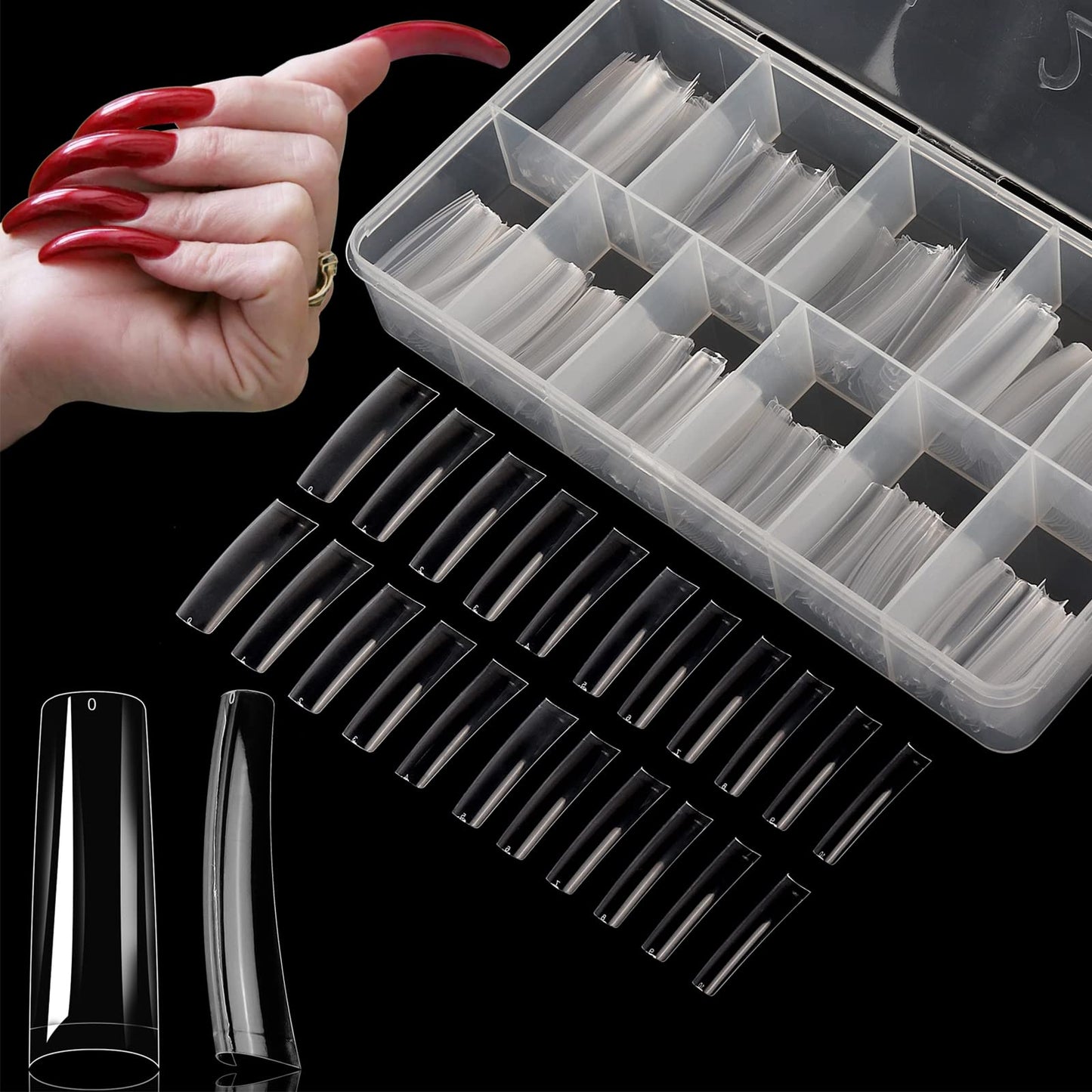 Yokilly Clear Coffin Nails Tips, 550PCS Long C Curved Nail Tips for Acrylic Nails Professional, Half Cover Square Soft Gel Fake Nail Tips for Dip Powder Nail Salons and DIY Nail Art