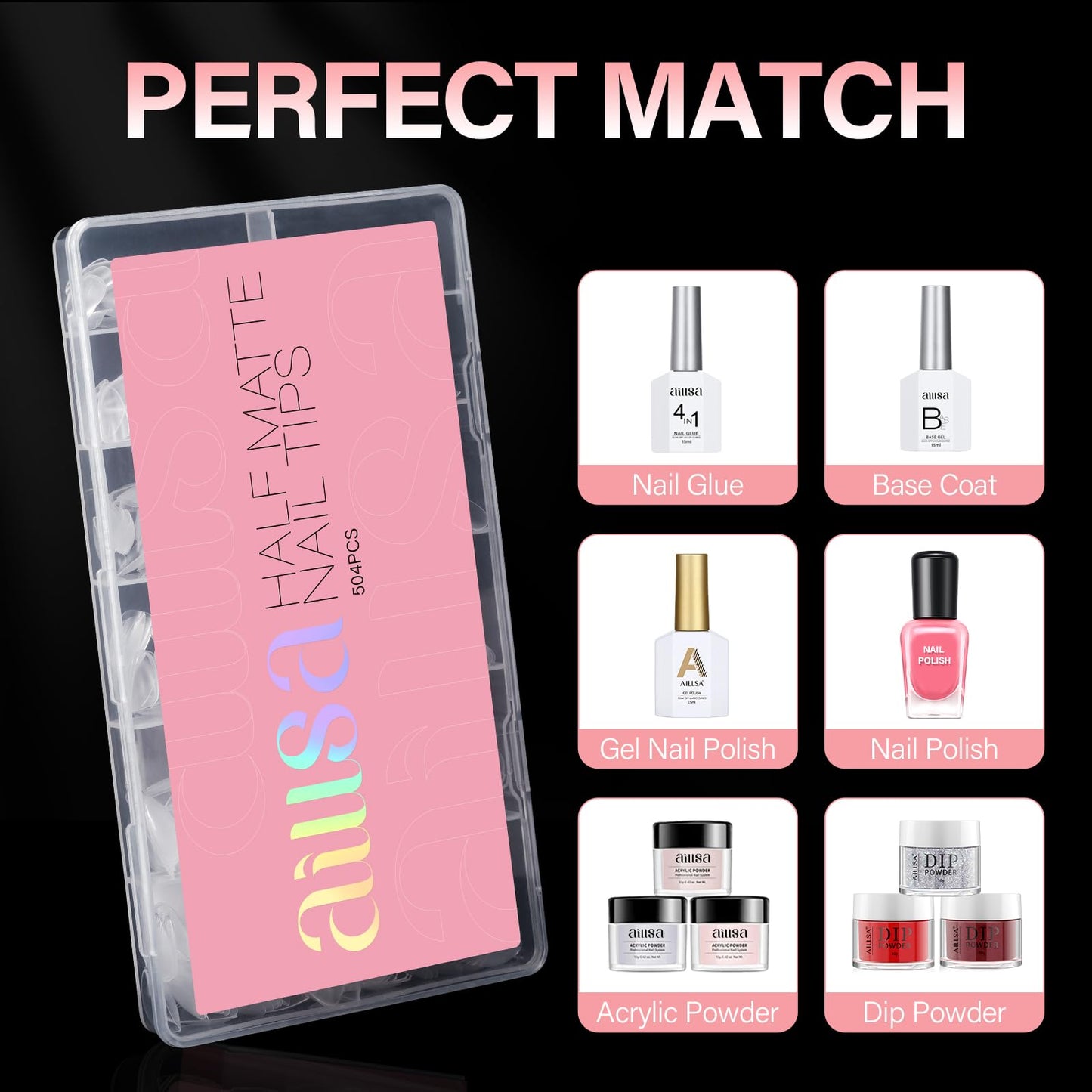 AILLSA Short Almond Nails 504PCS Half Matte Fake Nails Tips Soft Press on Gel Nail Tips Pre Shaped Clear Full Cover Acrylic Nail Tips for Nail Extension 12 Sizes with Storage Box for Christmas