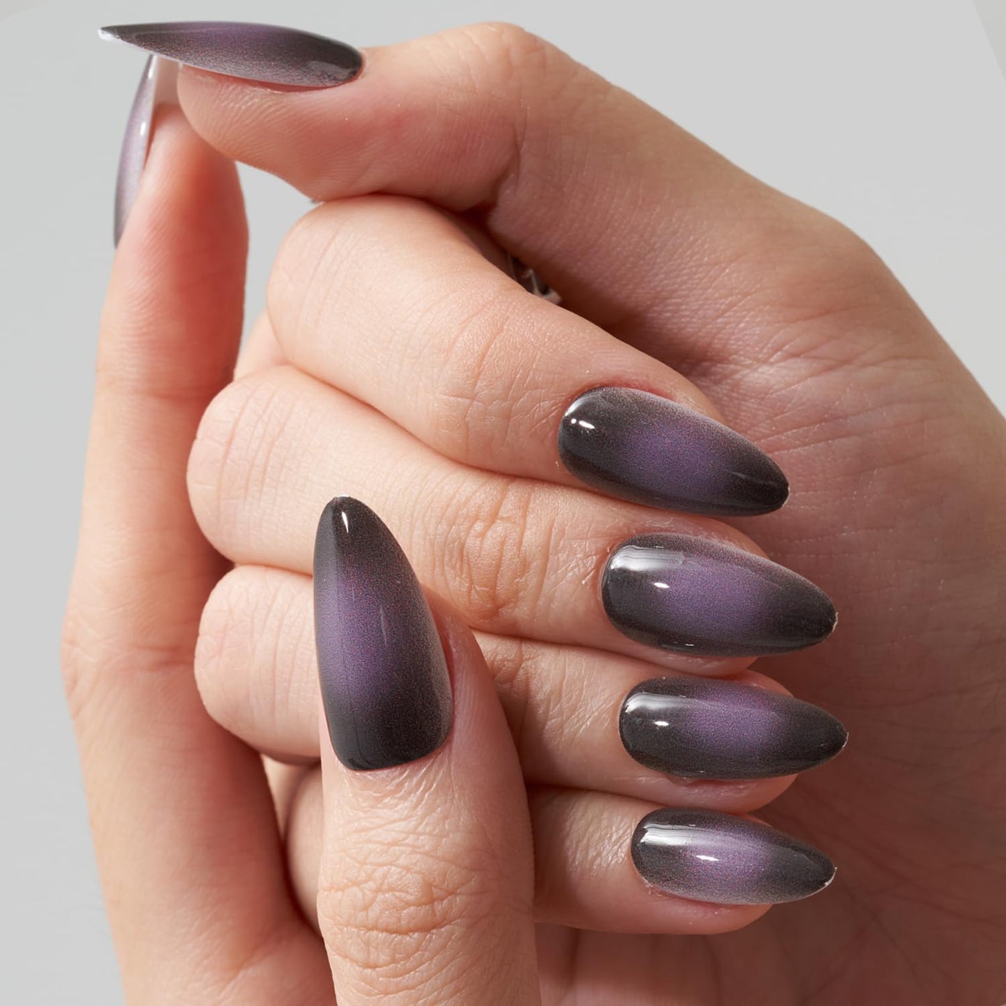 GLAMERMAID Black Pink Ombre Press on Nails Medium Almond, Purple Aurora Fake Crush Nails, Stiletto Fake Nails, Short Oval Stick Glue on Nails Tips for Women, Reusable Acrylic False Nail Kits