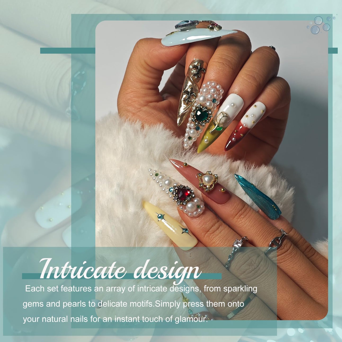 Handmade Press On Nails Stiletto, French Tip Press On Nails Long, Rhinestone Pearl 3D Nails For Women Gift, Reusable Stick On Fake Nails Kit With Nail Glue (Multicolor, M)