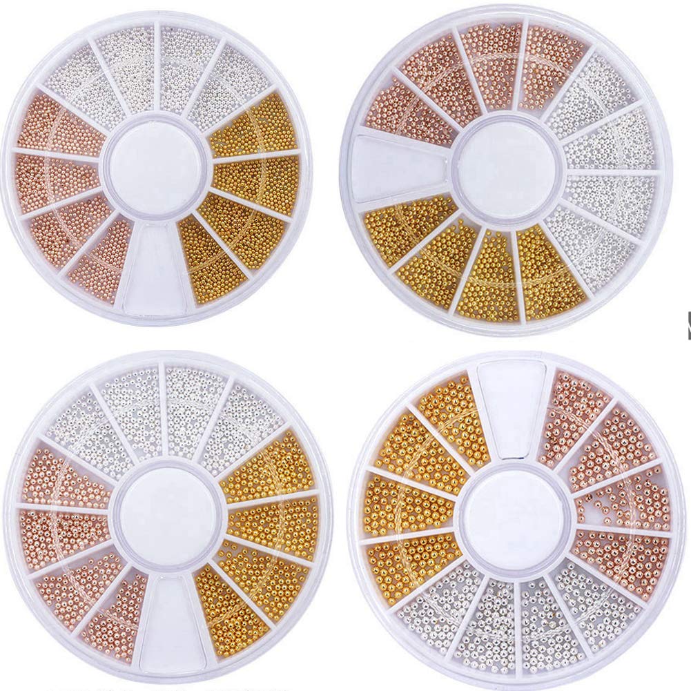 YesLady 3D Nail Art Gold Caviar Mini Bead Metal Steel Studs Manicures Decoration 4 Wheels four Size