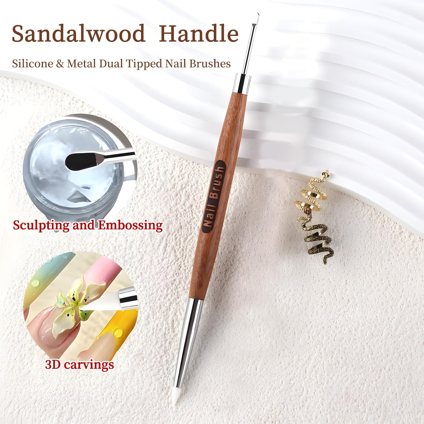 Double Nail Art Sculpture Pen: Silicone & Metal Dual Tipped Nail Brushes Silicone Nail Art Tools for Design Nail Foil Carving Drawing Shaping Effect Nail Art Pens for Home and DIY (Brown)