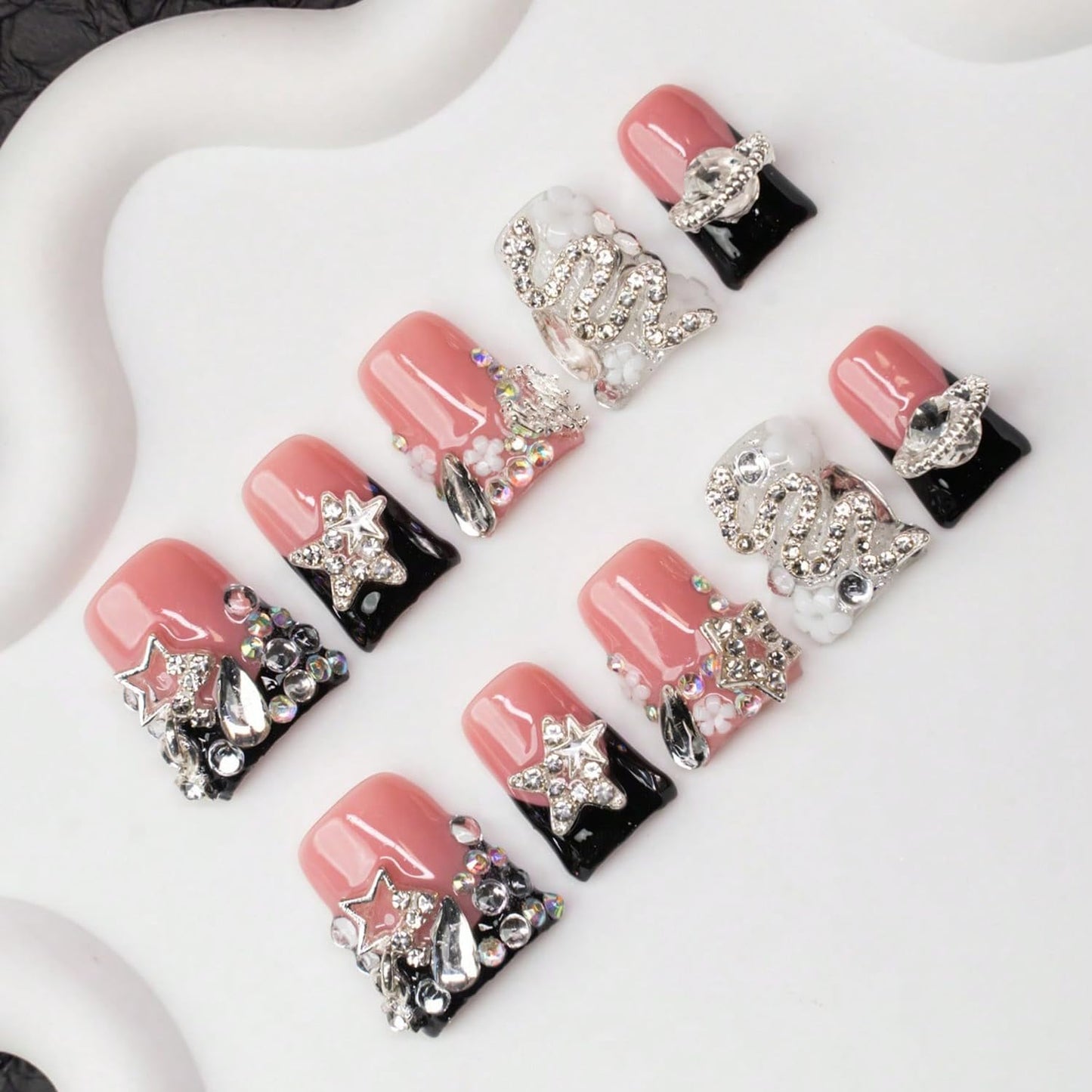 Rhinestone Handmade Press on Nails Duck Fake Nails Black French Tip with 3D Flower Stars Designs Luxury Handmade Rhinestone Charm Sparkly Muti-Layer Gel Acrylic Nails for Women 10Pcs (S）