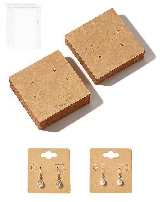 TINGSING 200 PCS Earring Display Holder Cards with 6 Holes, 2x2inch Earring Hanging Card with 200PCS Packaging Bags, Blank Kraft Paper Jewelry Tags Small Business, Retail, and Boutique Display,Brown
