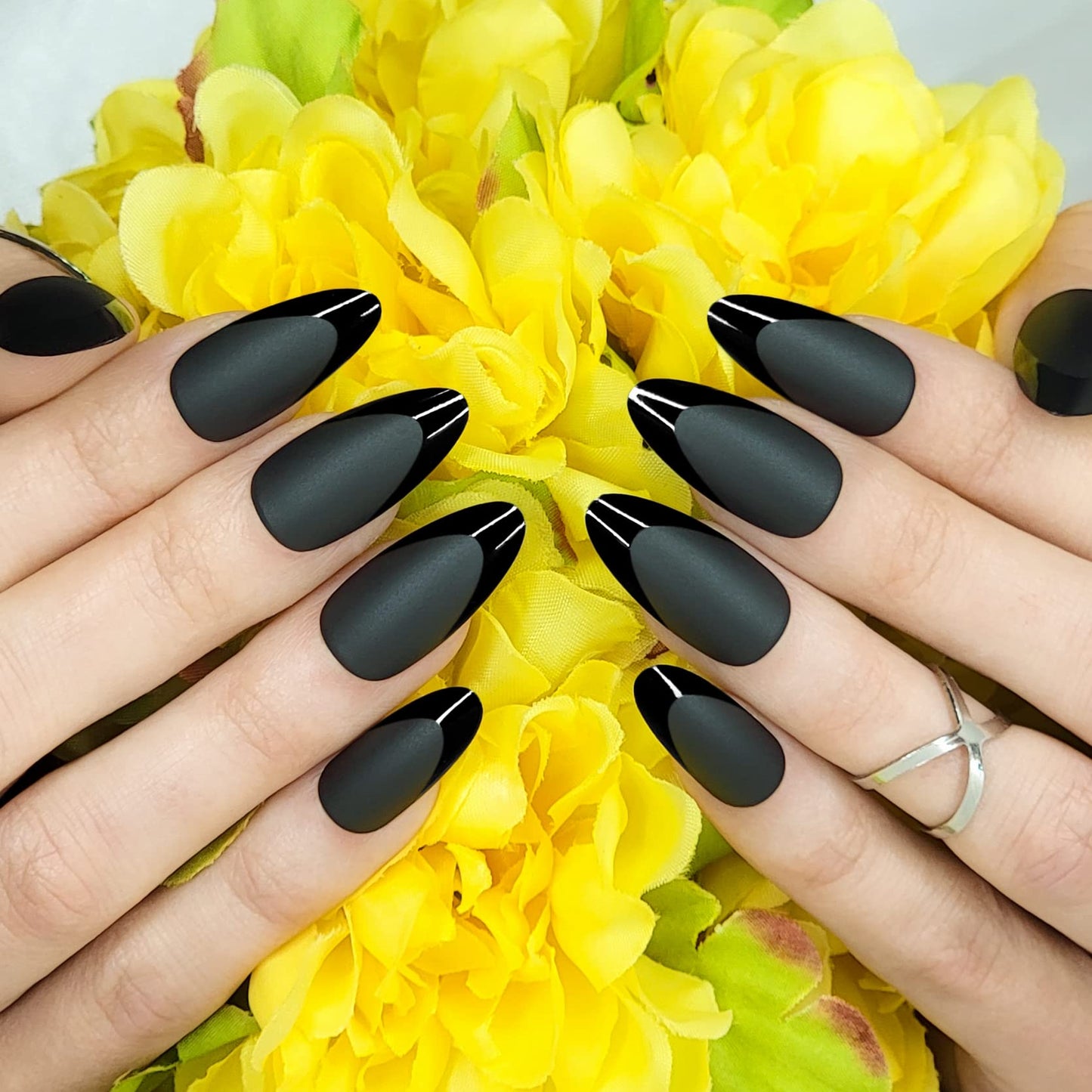 Hypnaughty Press On Nails - Caviar & Light Peach Almond Chrome, Trendy & Salon Quality Reusable Nails With Kit