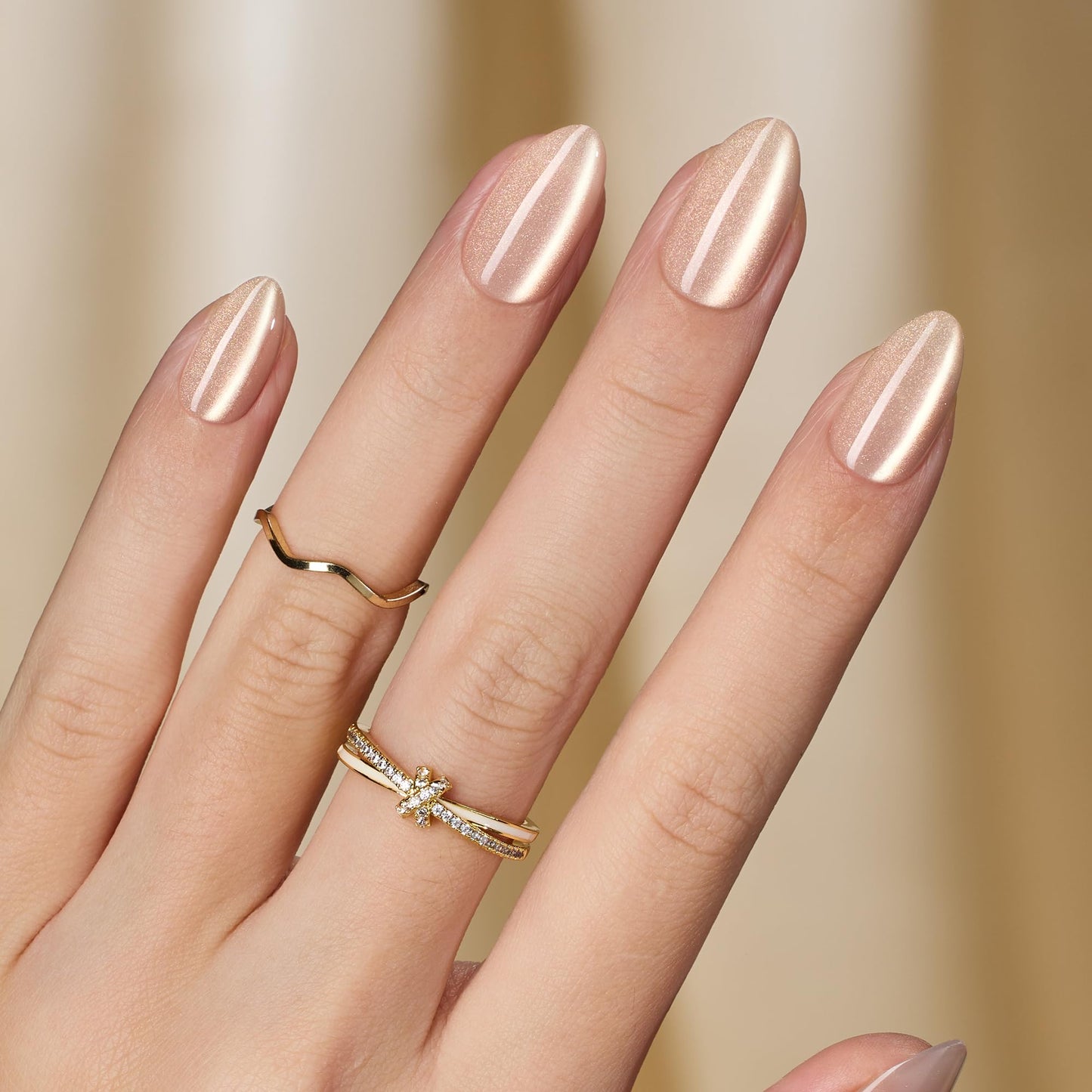 Beetles Cat Eye Press On Nails Short Almond, 32pcs 16 Sizes, Glue and Tabs, HEMA and TPO Free, Mist Glow & Jelly Gel Nail Polish Set 6 Colors, Milky Pink Nude, Sheer Transparent, Soak Off UV, DIY Mani