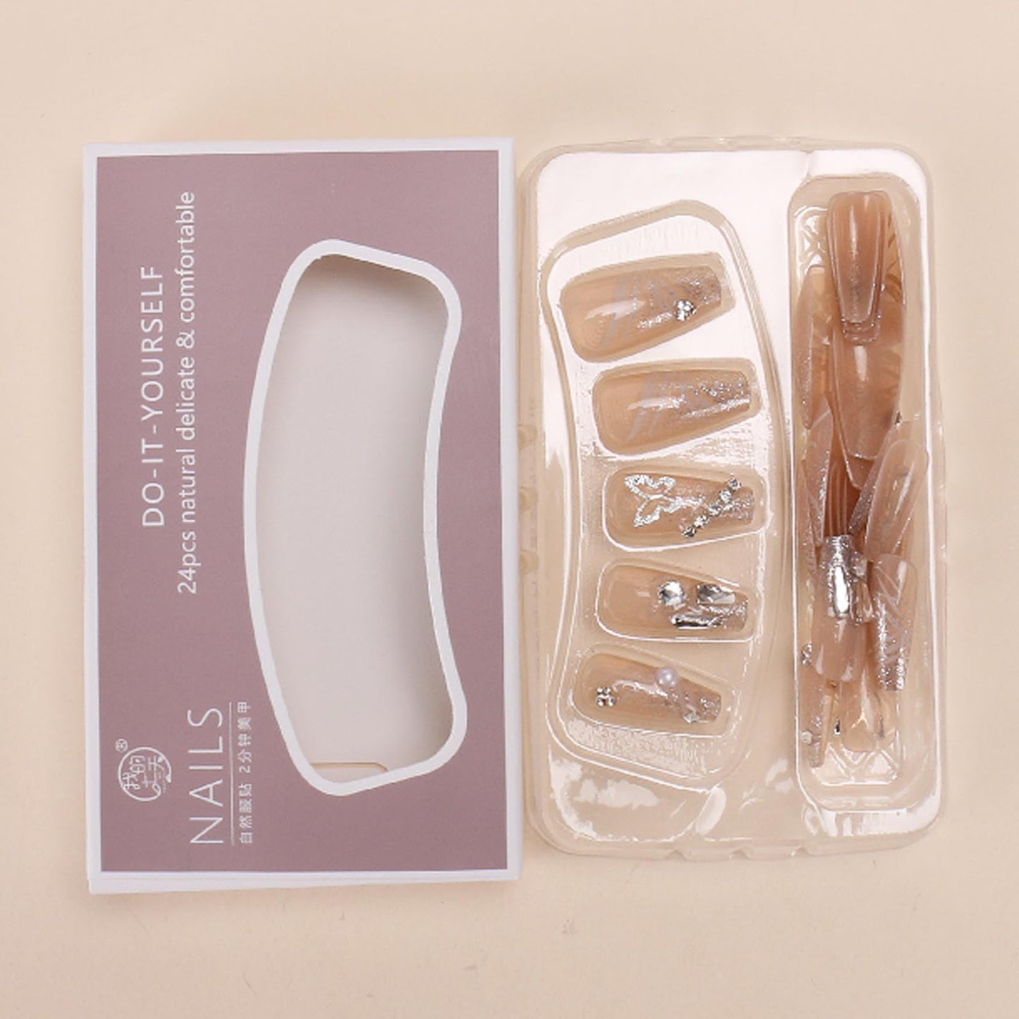 Hkanlre Bling Butterfly Press on Nails Long Silver Fake Nails Tips Full Cover False Coffin Nails for Women and Girls 24PCS