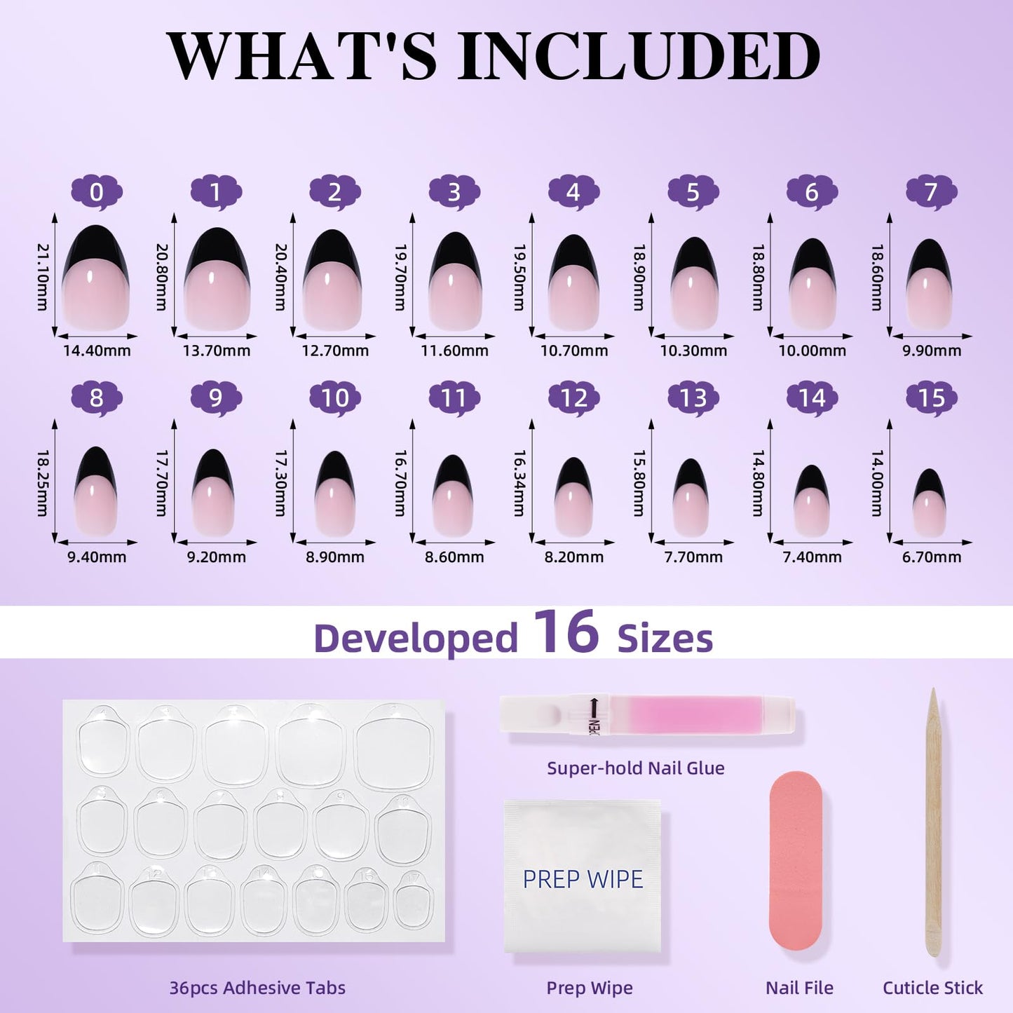 Pink Base Black French Tip Press On Nails - Short Almond Fake Nails, Reusable Glue On Nails with Nail Glue, French Tip Design for Women 32 Pieces 16 Sizes