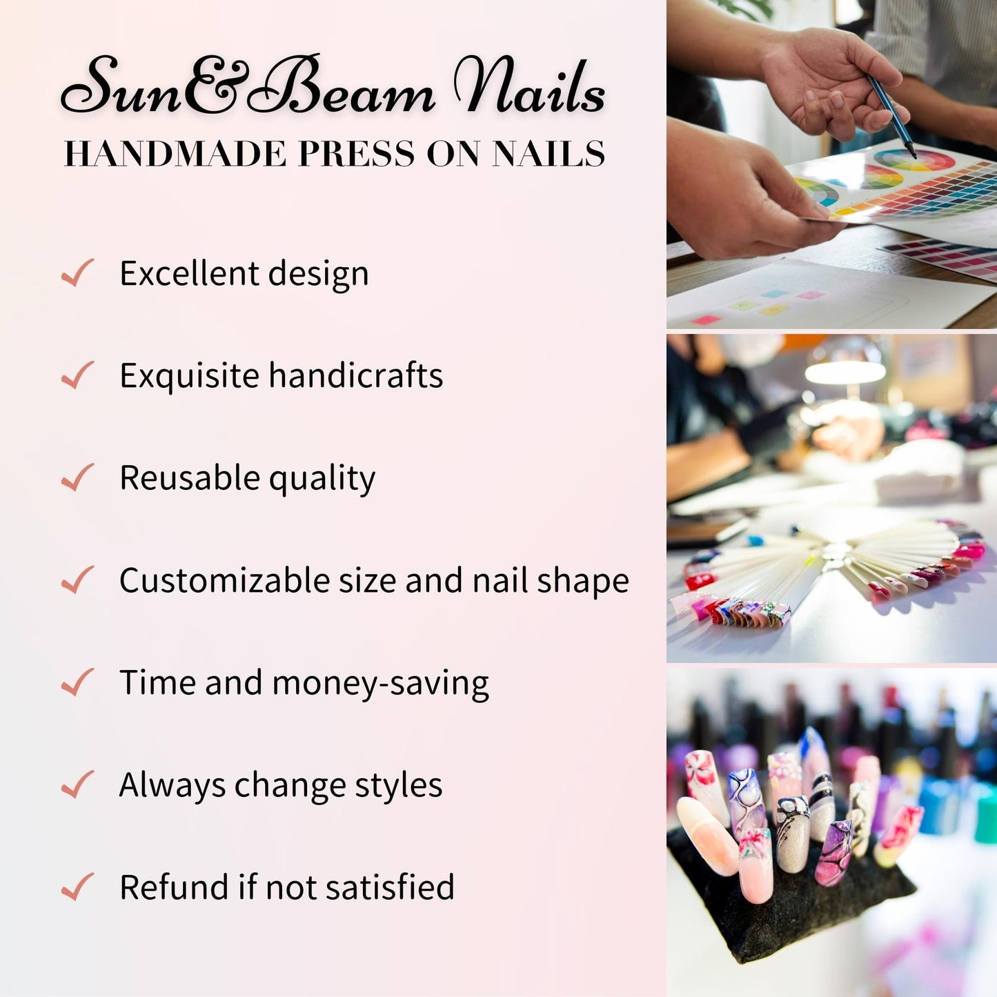 Sun&Beam Nails Handmade Press-on Short Round White Beige Gold 3D Mirror Pearl Design False Nail Tips 10 Pcs (#131 M)