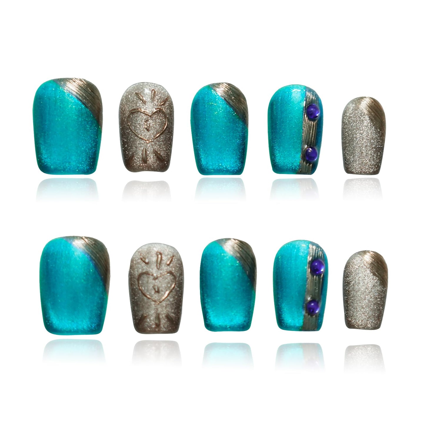 Tesytto Luxury Blue Cat Eye Press on Nails, Handmade 3D Short Square Nails Glitter Blue & Gold Ombre with Heart Line Art and Rhinestone Accents for New Year,Party, Valentine's Day(Neon Cat Eye,M)