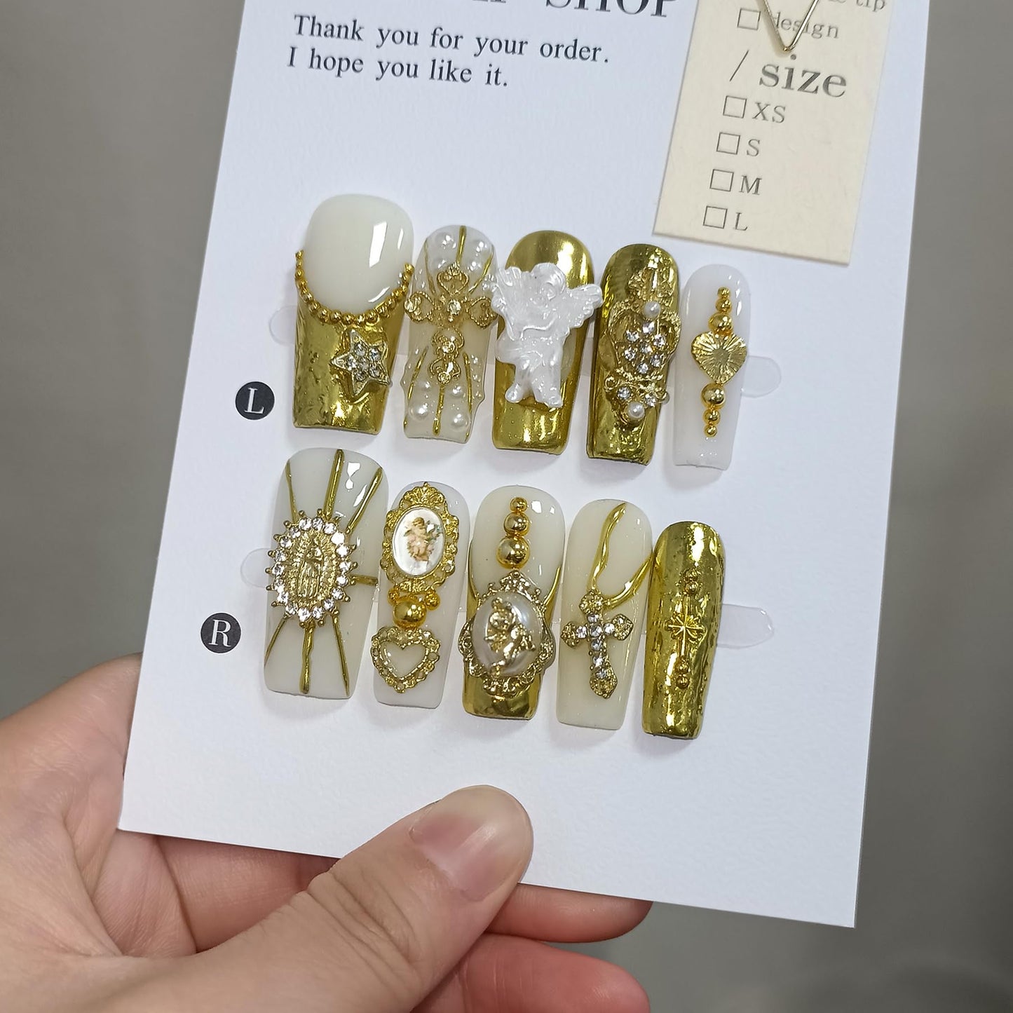 TENPAL Baroque Press on Nails Long Coffin 3D Embossed Pearl Cross Charm Luxury False Nails for Women Gold Glam Royal Cathedral Style Glue on Nails for Parties Holiday Events(M)