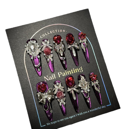 GLORS Luxury Long Press-On Nails, Purple Glitter Stiletto with Rhinestones, Handmade False Nails, 10 Pieces (Medium, LS)