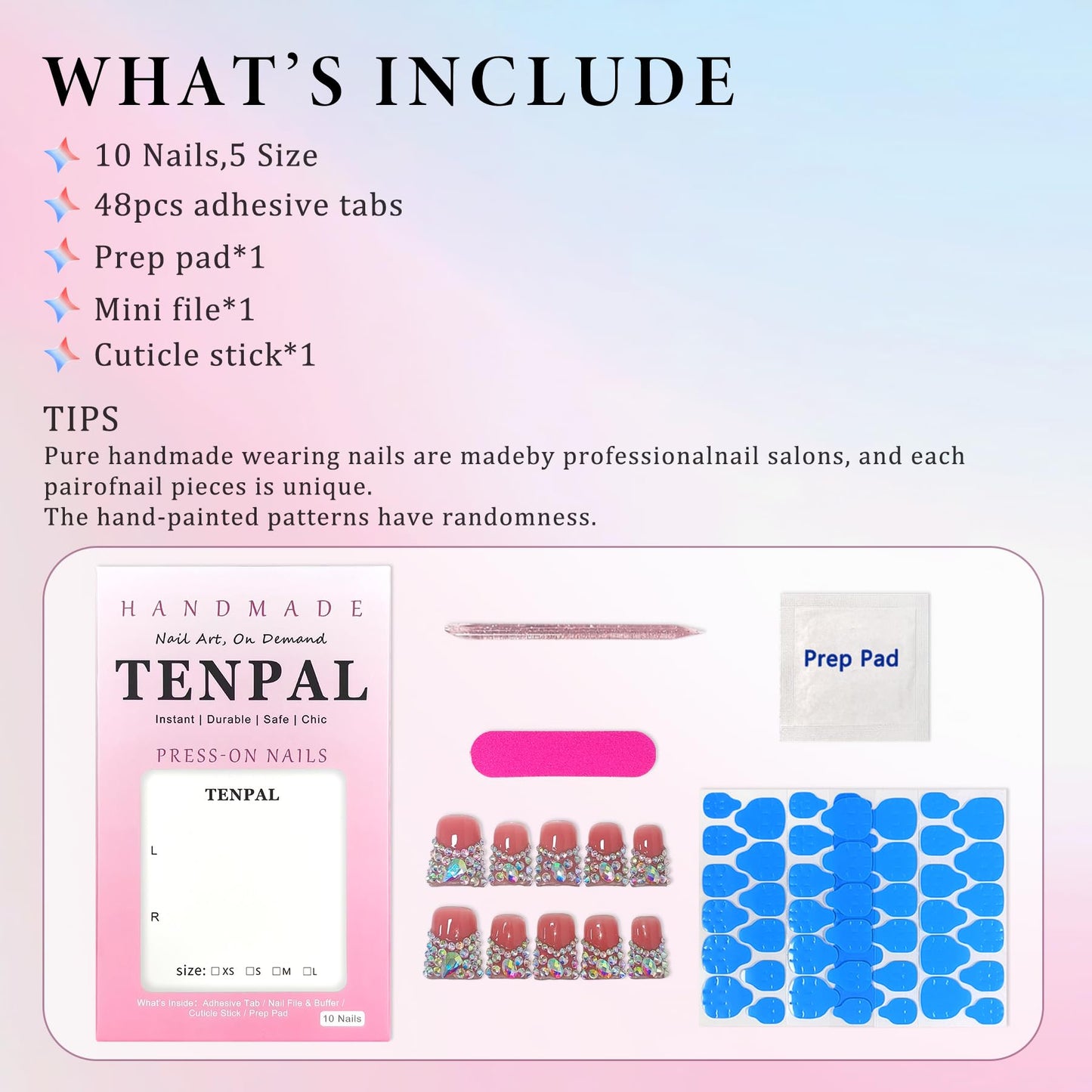 TENPAL 10Pcs Handmade Coffin Nails Kits,DuckBill Press On Nails With Tools,Icy Pink French Tip Fake Nails with Full Crystals Designs,Glitter Edgy Sweet Cool Acrylic Glue on Nails Short for Party(M)
