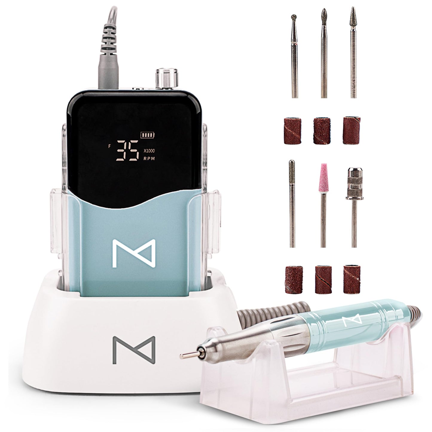 M Mase- Professional Nail Drill Machine - Coreless 2-in-1 Nail File - Electric, Cordless, 35000 RPM, HD Display - Electric Nail Drill for Professional & Home Use (Teal)