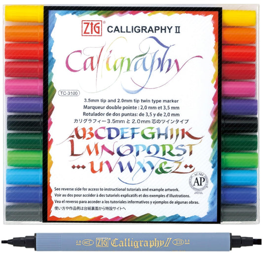 Kuretake ZIG Calligraphy Marker Pens, 12 Colors set, 2mm & 3.5mm Dual Tip Markers, for Writing & Hand Lettering, for Professional, Beginner, Water-based dye ink, Made in Japan