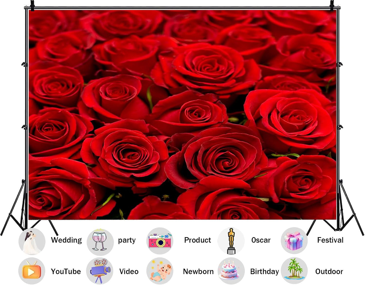 SHDASMIL 8X8ft Bright Red Roses Close Up Backdrop Fresh Floral Bouquet Background for Valentines Day Wedding Party