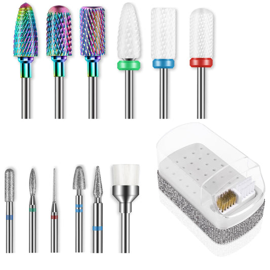 13PCS Nail Drill Bits Set & 30 Holes Nail Bits Holder Case with Cleaning Brush for Home Salon