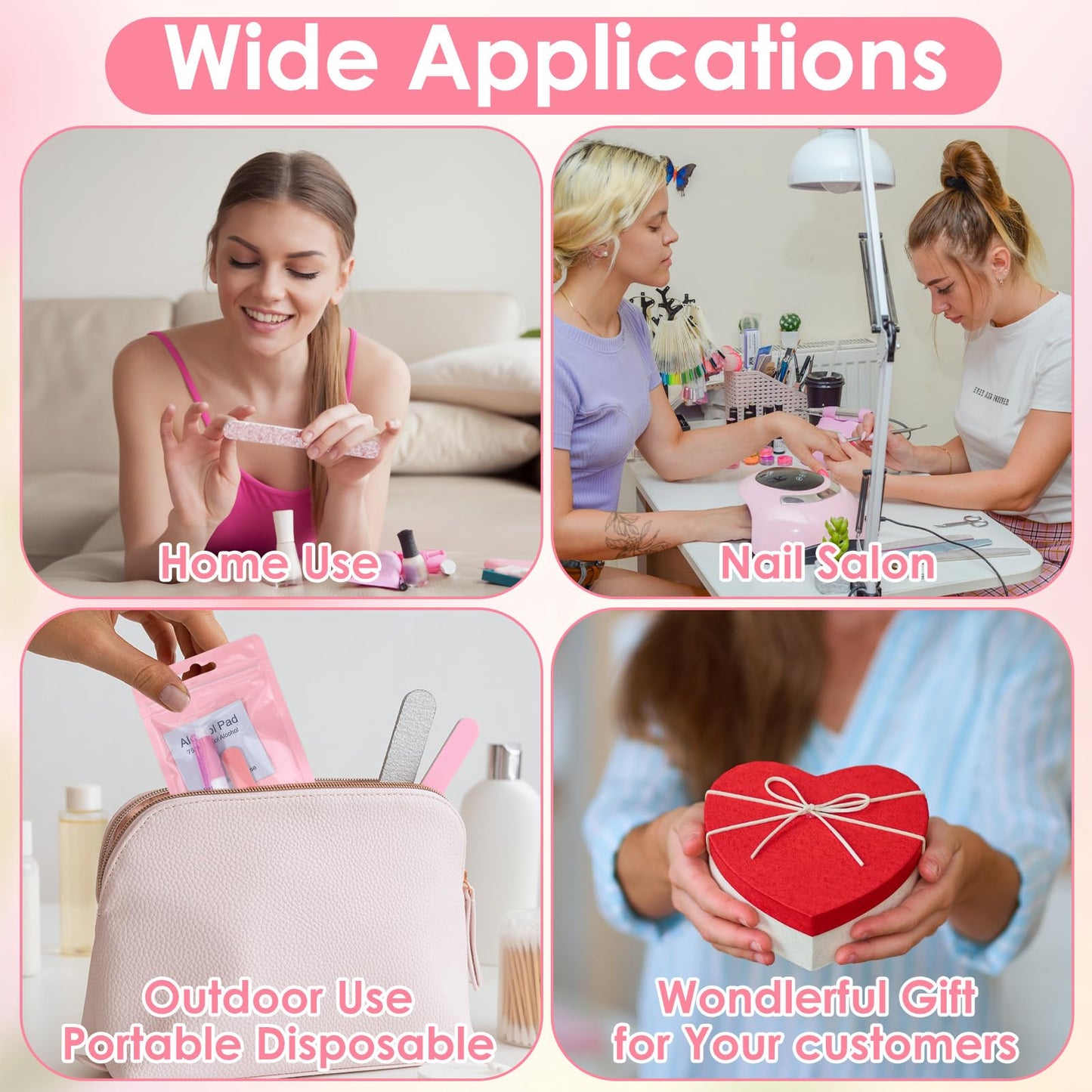 100 Pcs Pink Press On Nail Tool Kit for Business - Prep Application Disposable Kit with File, Glue, Prep Pads, Adhesive Tabs, Wood Stick, Holographic Bag