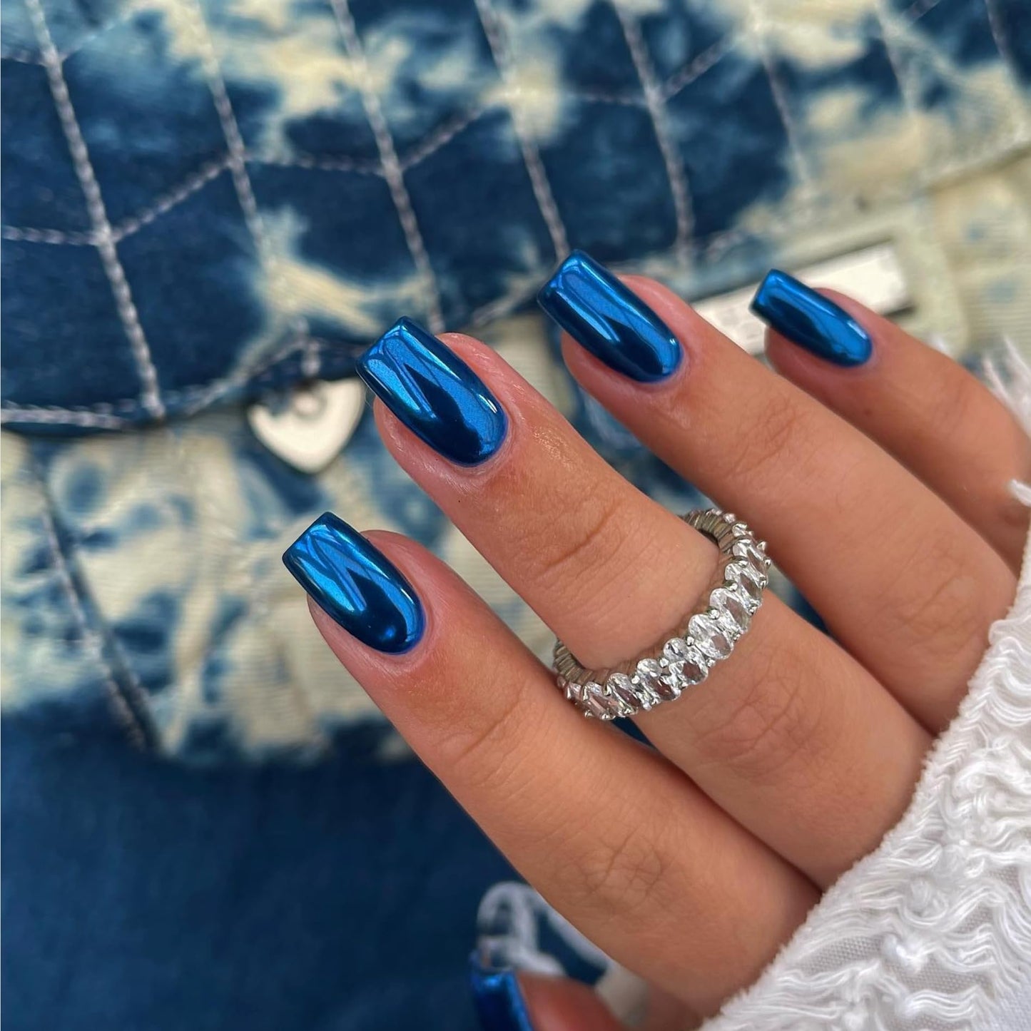 KQueenest Light Bronze Chrome Press on Nails Medium Almond&Royal Blue Chrome Press on Nails Short Medium Square For Beach Party Daily Decoration in 48 PCS