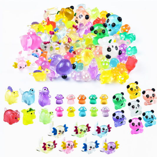 HOMICO 69 PCS Luminous Mini Resin Animals Kit Include Miniature Axolotl Panda Dinosaur Figurines and Tiny Mushroom Tiny Resin Animals for Garden Micro Landscape Aquarium Dollhouse Decor