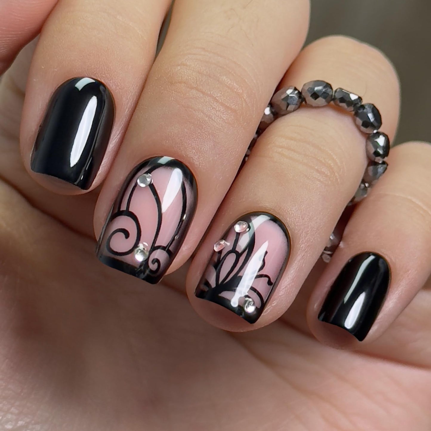 CurvLife Black Press On Nails Short Square, Rhinestone Swirl Design Soft Gel Acrylic Stick On Nails Tips, Salon Quality Glue On False Nails Kit for Women