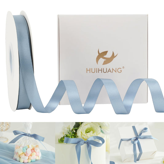 HUIHUANG Dusty Blue Satin Ribbon 1/2 inch X 50 Yards Continuous, Blue Double-Faced Satin Ribbon for Gift Wrapping, Bows, DIY Crafts, Flower Bouquet, Bridal Wedding Decor, Flower Crowns Decor