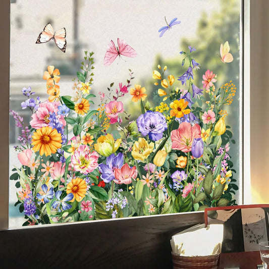 Decorative Window Decals, Floral Garden Design with Colorful Wildflowers, Self-Adhesive Glass Stickers (Italianate)