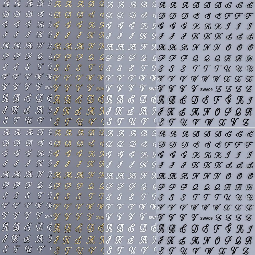 Letter Nail Stickers, 8 Sheets Old English Letter Nail Decals 3D Self-Adhesive Gold Silver Black White Retro English Pattern Old Alphabet Cursive Design Manicure Nail Accessories for Women Girls