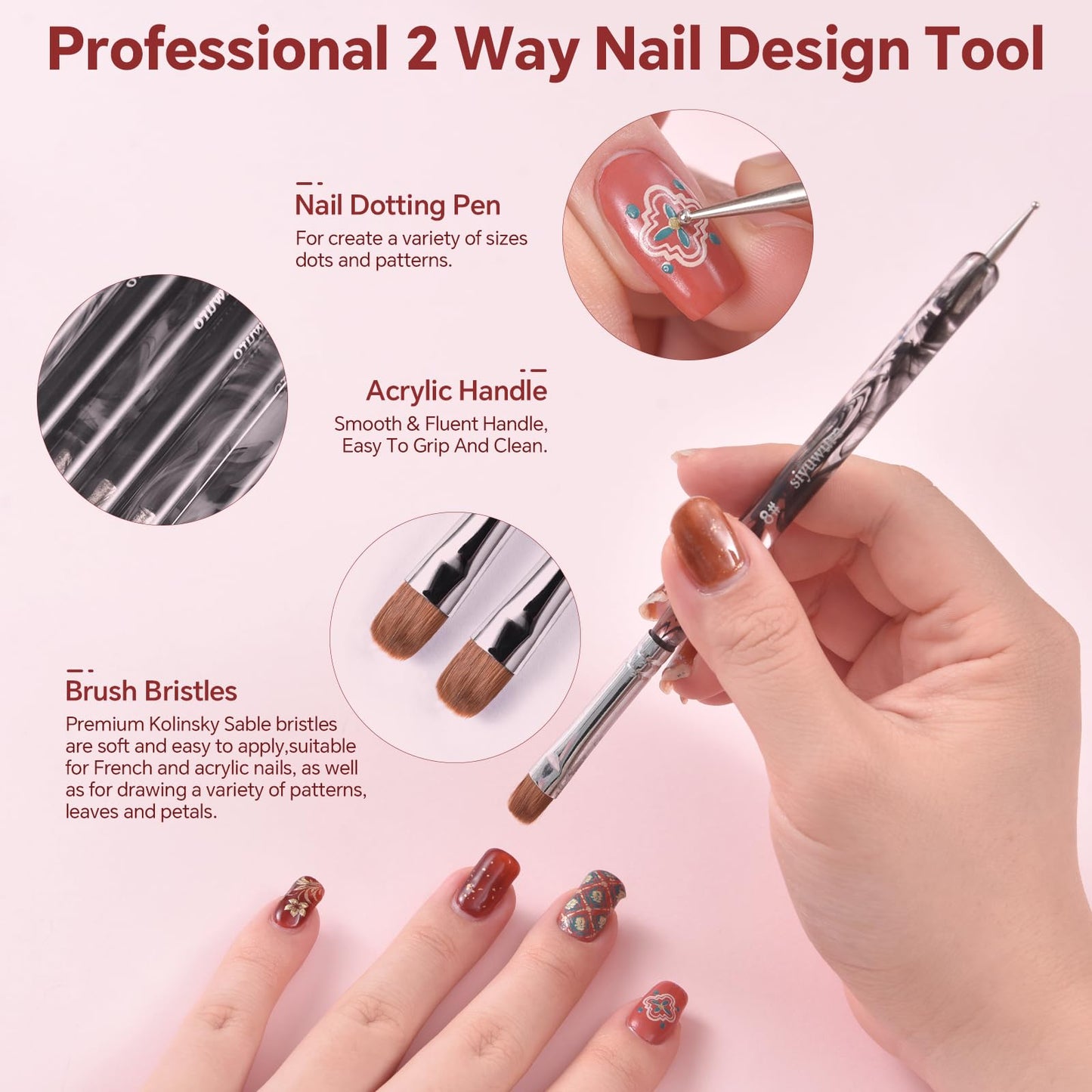 siyuwuro 6Pcs Kolinsky Sable Nail Brush French Nail Brush 2 Way Professional UV Gel Acrylic Nail Art Brush with Dotting Tool for French Manicure Cuticle Clean Up Nail Art Design Pen (Set)