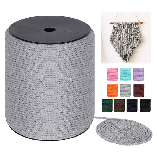 Macrame Cord 4mm x 240Yards (722Feet), Colored Natural Cotton Macrame Rope - 3 Strands Twisted Colorful Macrame Cotton Cord for Wall Hanging, Plant Hangers, Gift Wrapping and Wedding Decorations, Gray