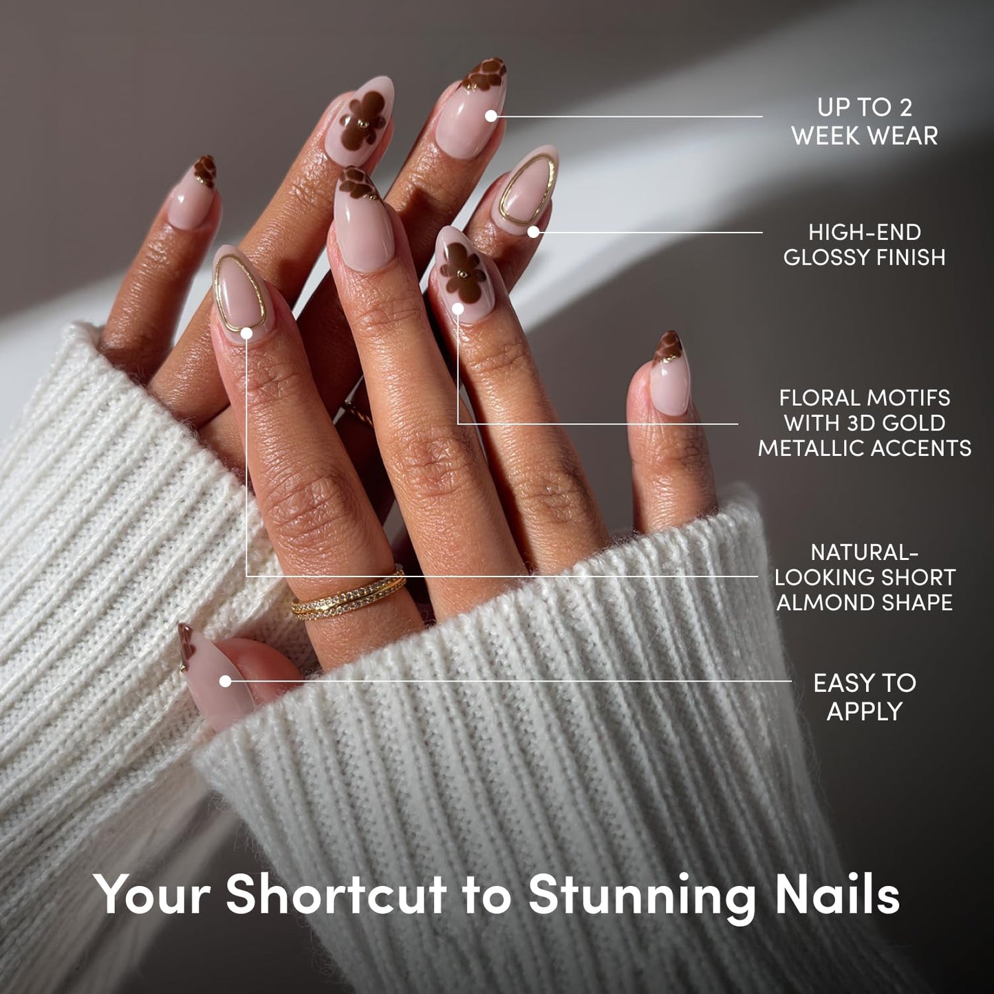 Glamnetic Press On Nails - Short Almond Fake Nails with Floral Designs, Gold Foil, Glossy Finish | Salon Quality Summer Nails | Sunbaked | 15 Sizes - 30 Nail Kit with Glue