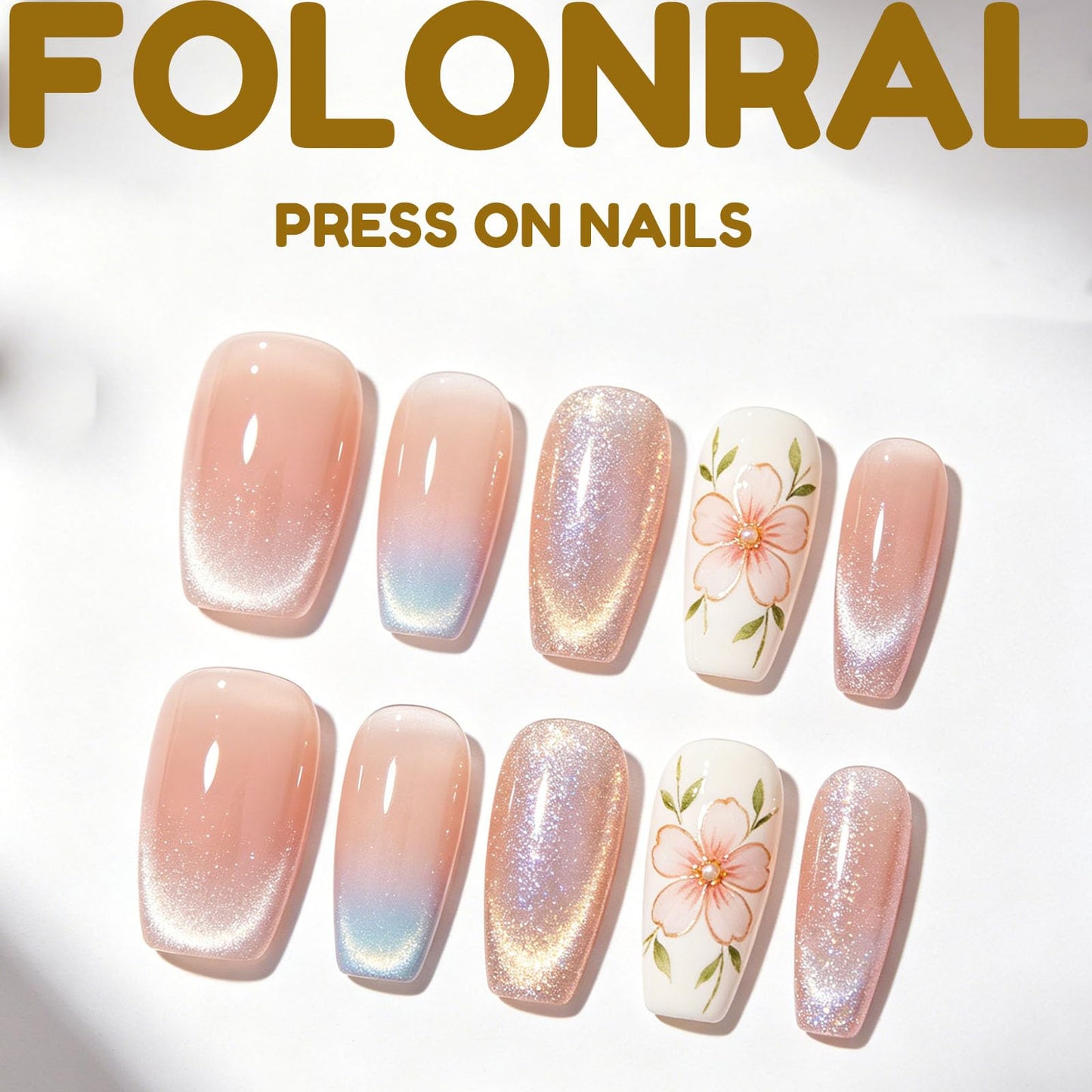 Medium Press on Nails Coffin Fake Nails with 3D Rhinestones Pearl Charms Designs Brown Nails Press ons Gradient False Nails for Women 24Pcs