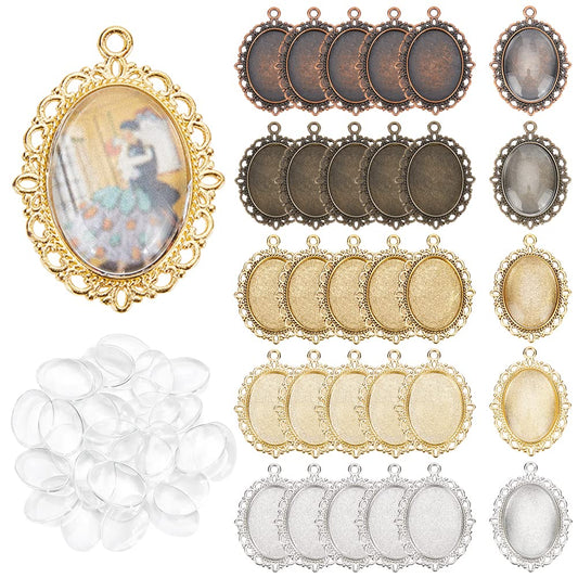 PH PandaHall 60pcs Pendant Tray Kit, 30pcs 5 Color Oval Pendant Blank Bezel, 30pcs 25 x 18mm Glass Cabochon Dome Tiles Clear Cameo Memorial Photo Pendant for Wedding Bouquet Graduation Photo Charm