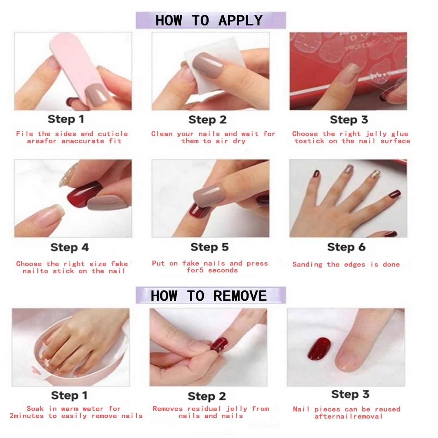 Handmade Press On Nails Medium Square 3D Flower Gold Beads Burgundy French Tip Pink Full Cover False Nails Acrylic Stick on Nail for Women Daily Date Party, 10Pcs (M)