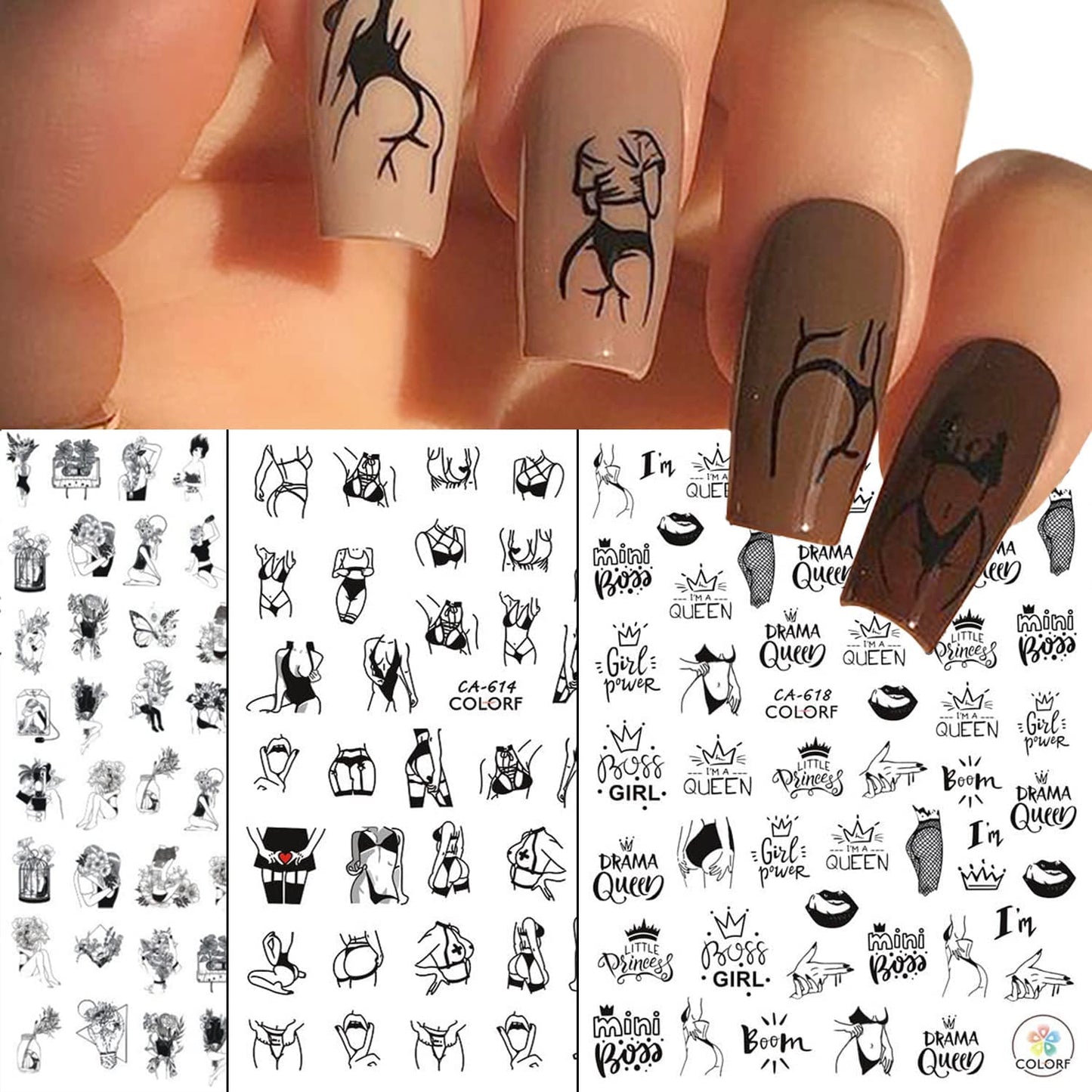 6 Sheets Sexy Girls Nail Stickers and 6 Sheets Silver Nail Stickers