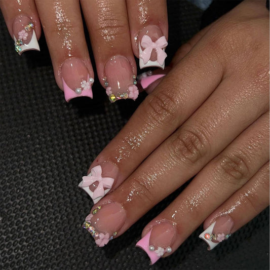 24pcs French Tip Press-On Nails - Short, Charms, Bow, Flower Design, Pink, Cute, Square Shape, Acrylic, Rhinestones