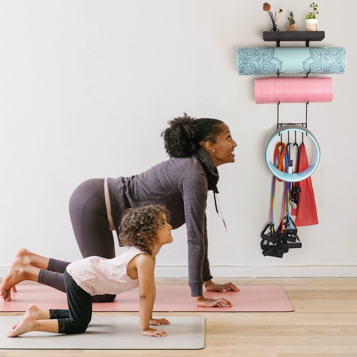 VINAEMO Yoga Mat Holder Accessories Wall Mount Organizer Storage Decor Foam Roller and Towel Storage Rack with 4 Hooks and Wooden Shelves Yoga Mats Rack Resistance Bands for Home Gym School Office