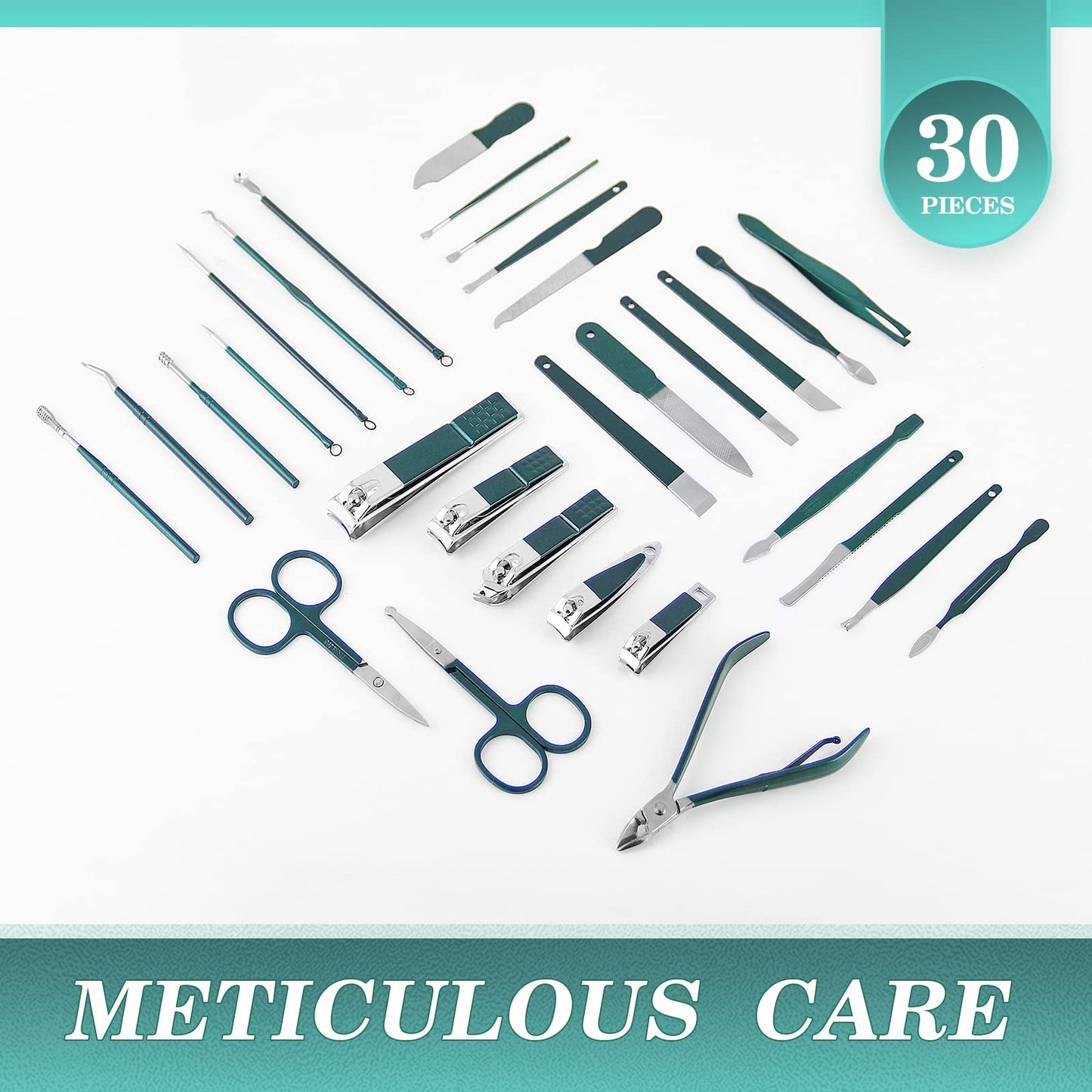 WOAMA Manicure Set Nail Clippers 30-piece Pedicure Kit Manicure Tools Nail Manicure Kit with Green Travel Case for Home, Workplace, Gift, Beauty Salon