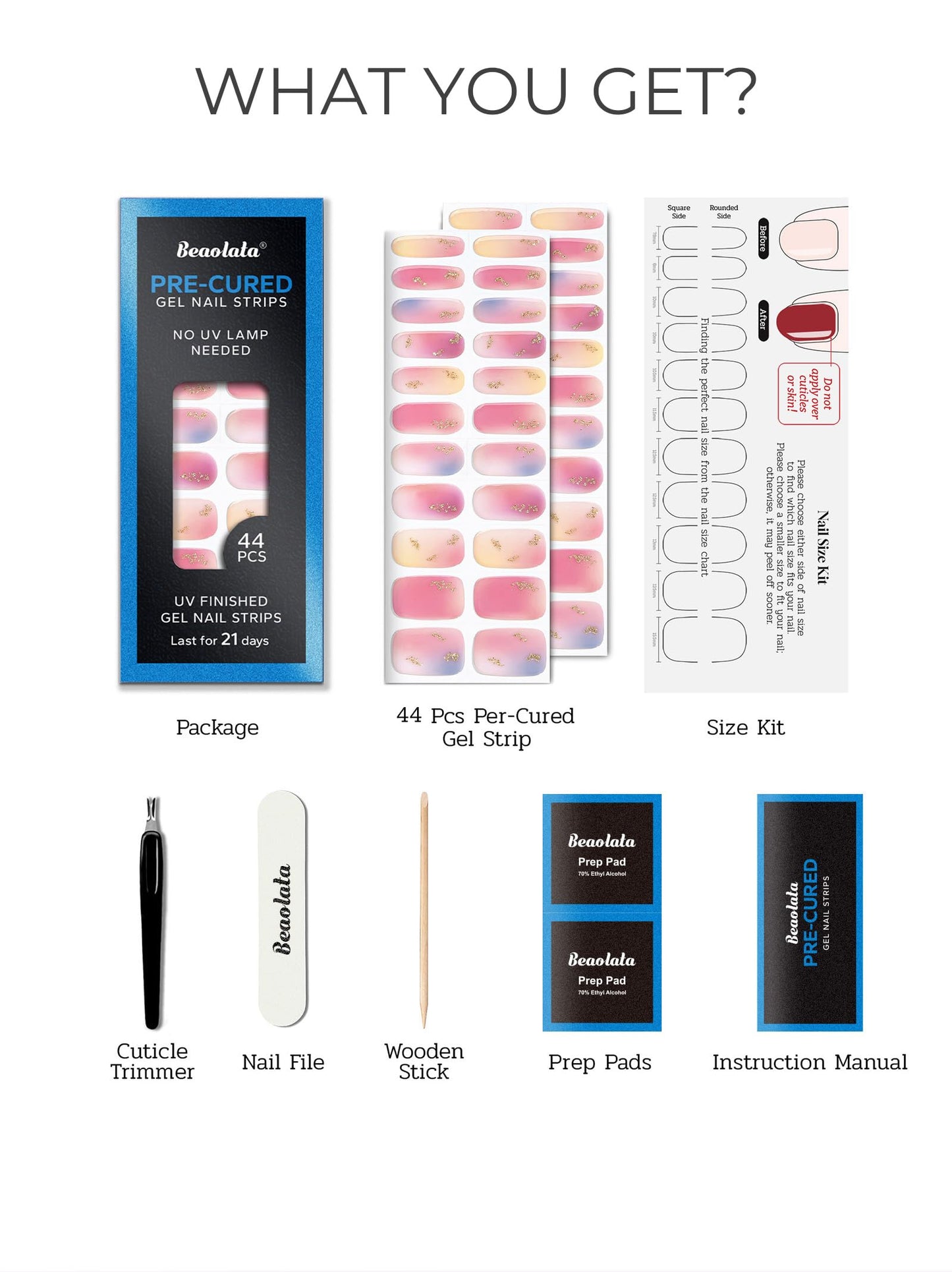 Beaolata Real Gel Nail Strips (No UV Light Needed) - 44Pcs Salon Quality Nail Stickers - Long Lasting Polish Wraps for Women, Easy Apply & Remove (Metallic Pink Maze