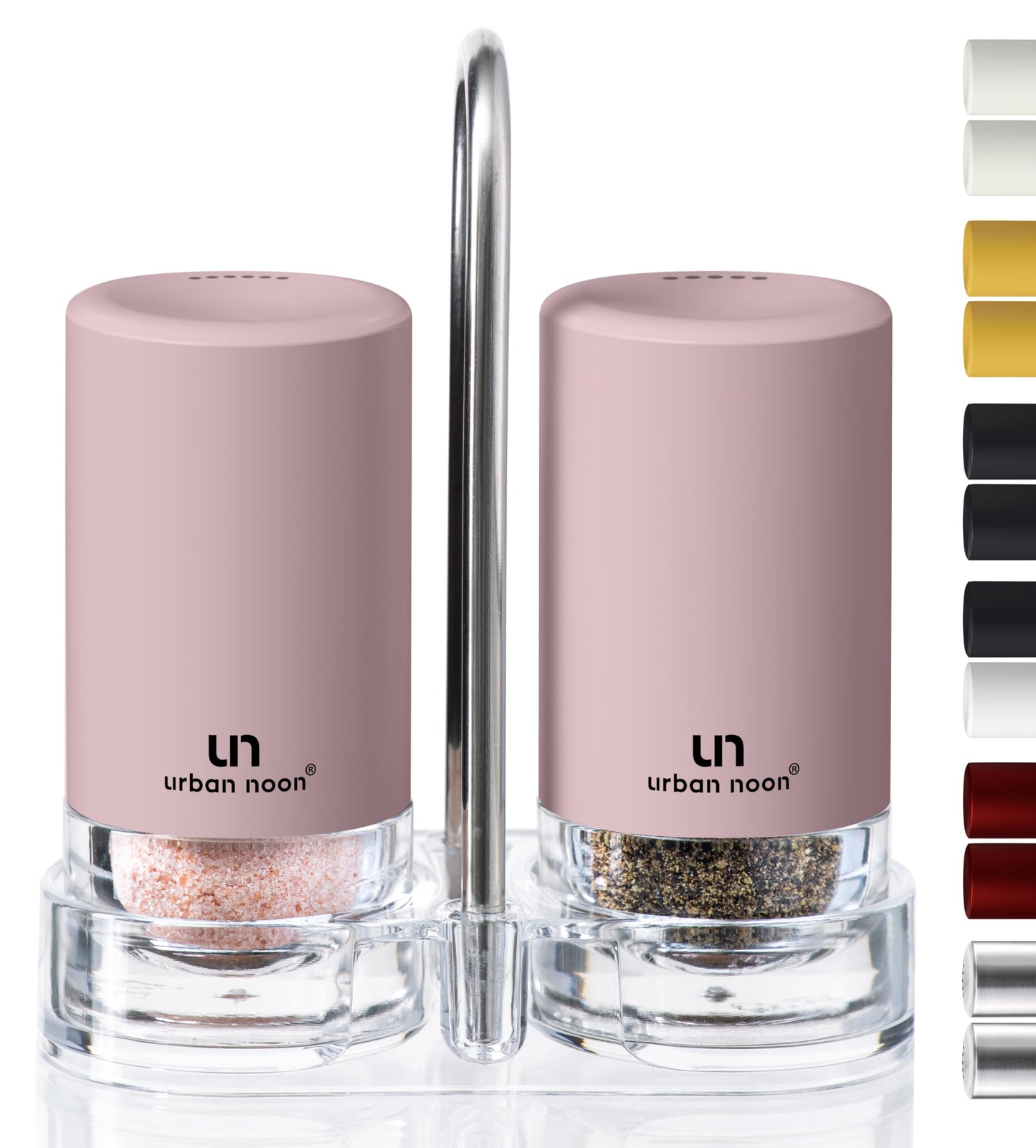 Signature Petal Pink Salt and Pepper Shakers with Holder - Elegant Stainless Steel Salt Shaker and Pepper Shaker Set with Acrylic Holder for Kitchen Counter or Restaurant Table (2-Piece Set)